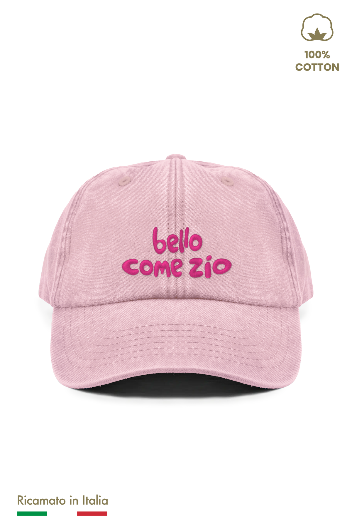 Cappellino vintage bambino rosa con ricamo fucsia "bello come zio" - vista frontale