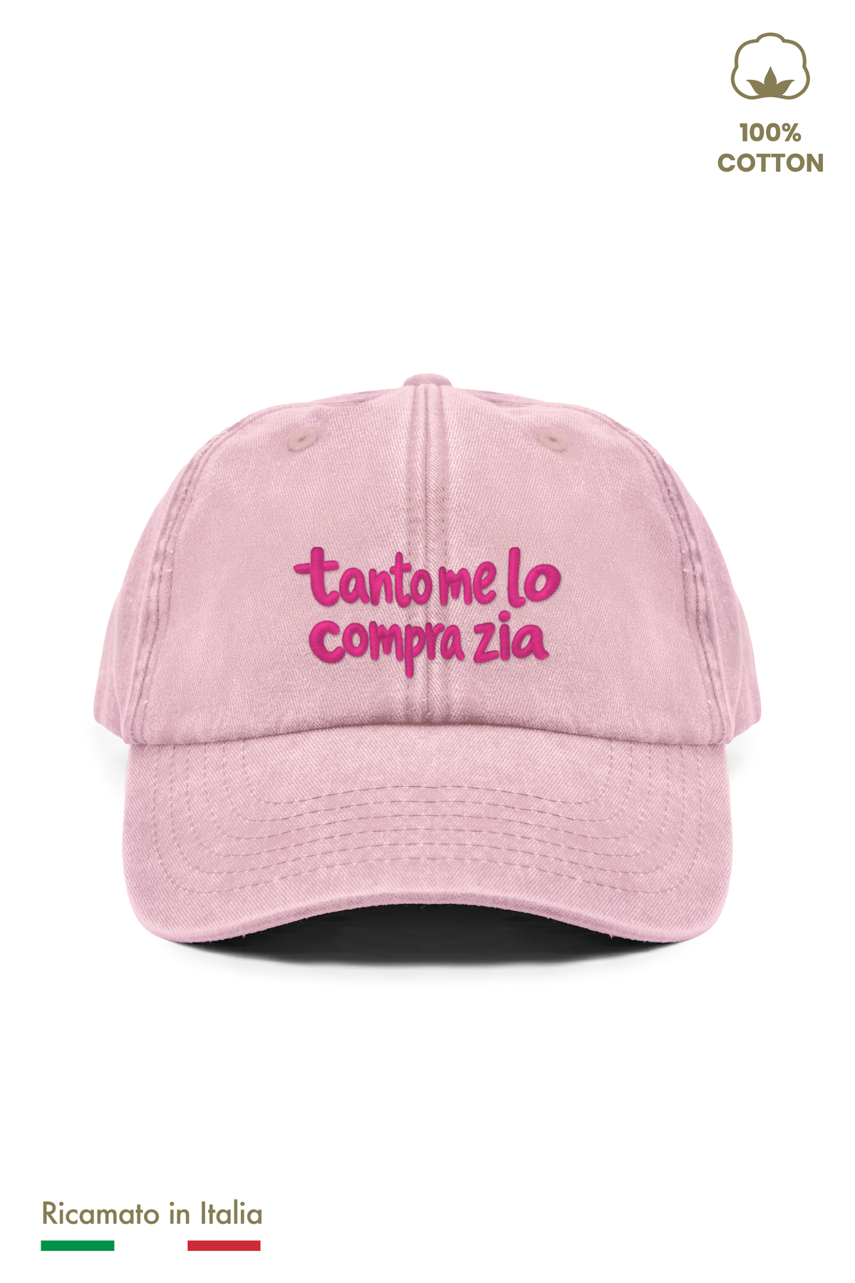 Cappellino vintage bambino rosa con ricamo fucsia "tanto me lo compra zia" - vista frontale