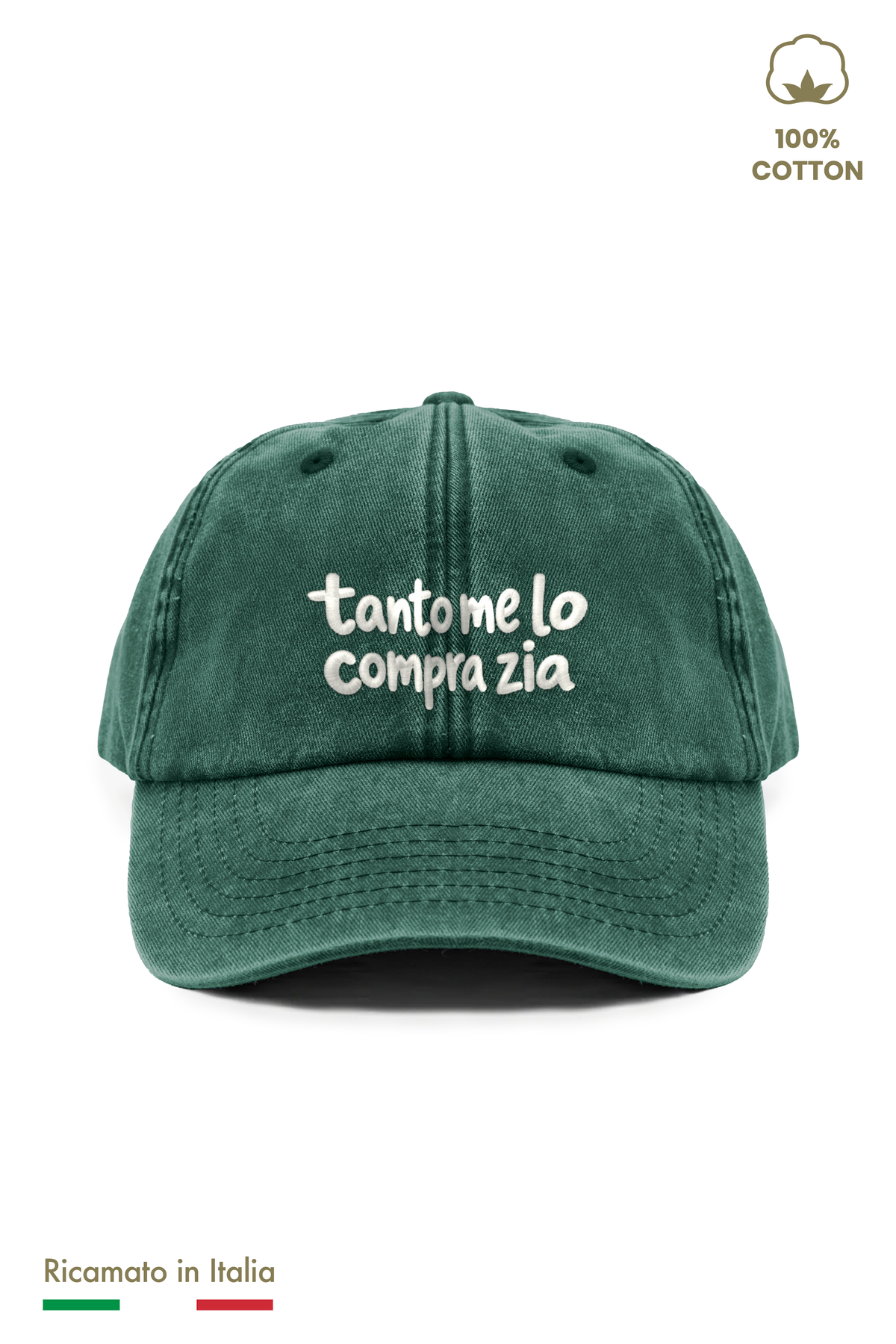 Cappellino vintage bambino verde con ricamo panna "tanto me lo compra zia" - vista frontale