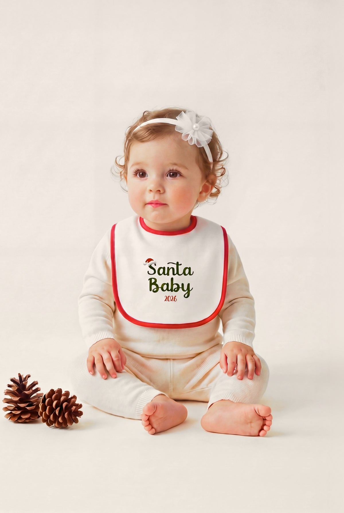 Bavetta ricamata "Santa Baby 2026", foto indossata bimba con fascetta fiore - Capsule Natale MADRESPERA