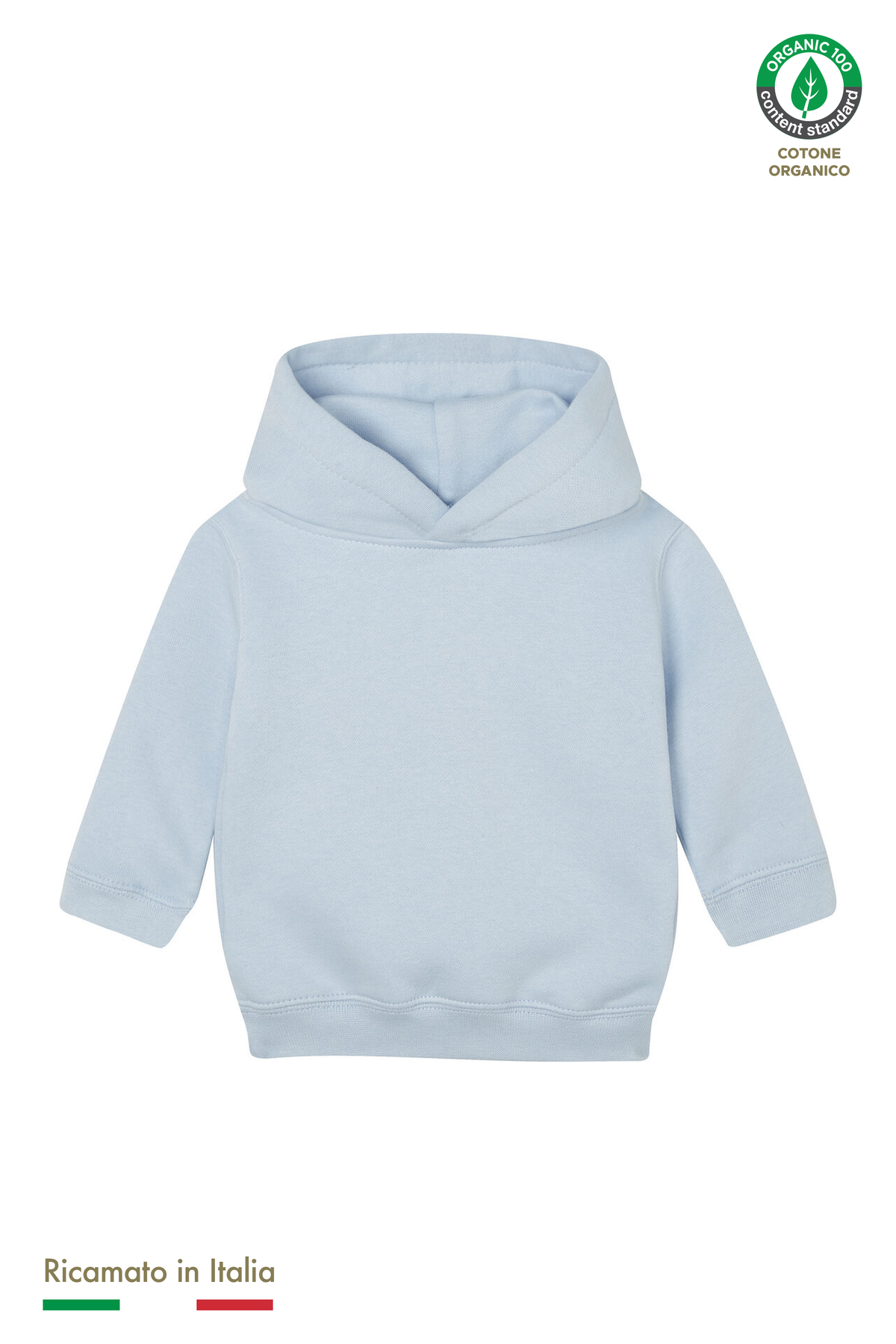 Felpa con cappuccio neonato personalizzata con ricamo, colore azzurro polvere, fronte