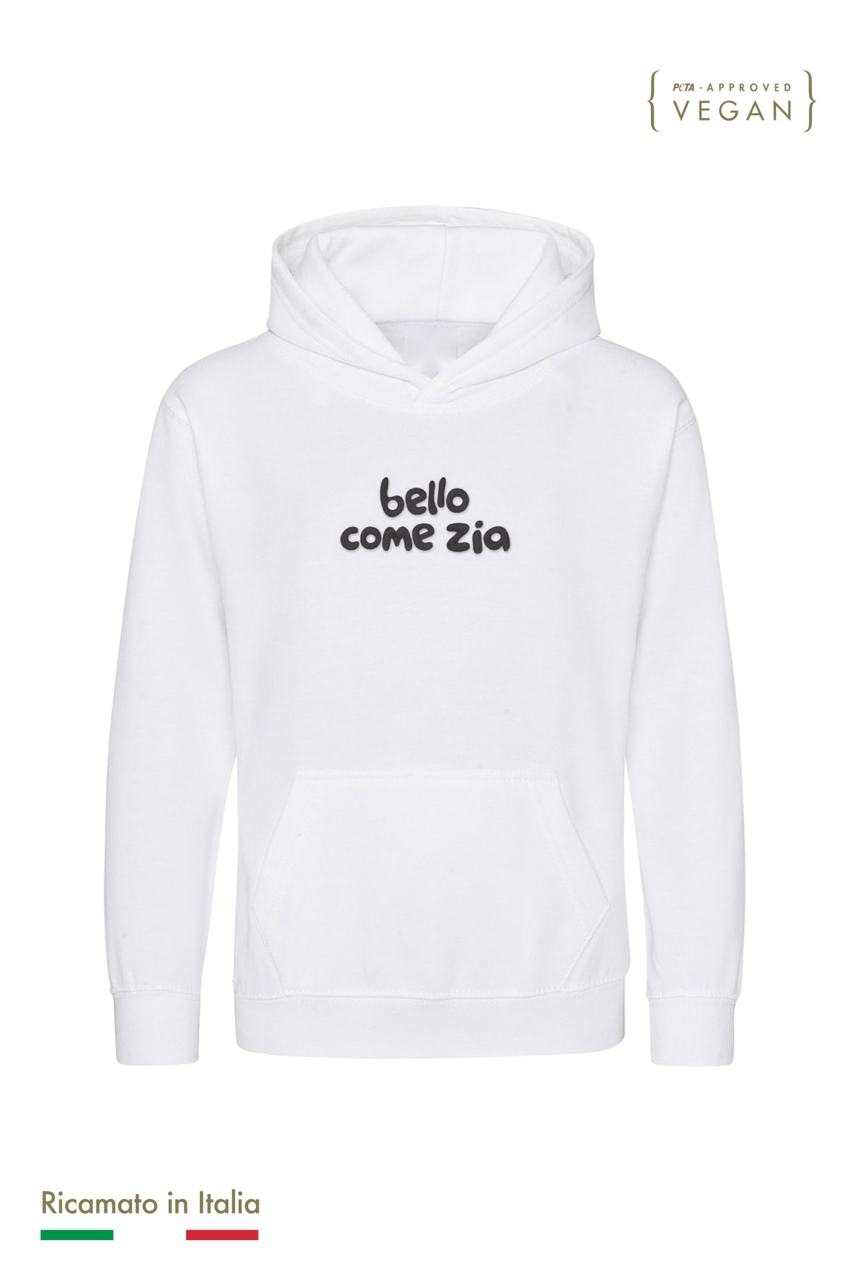 Felpa con cappuccio bambino bianca con ricamo nero "bello come zia", vista frontale