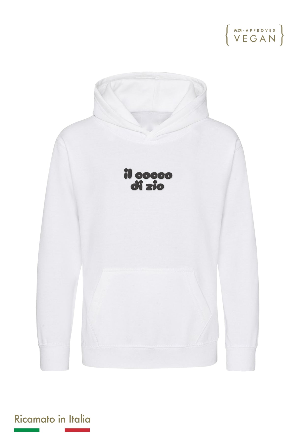 Felpa con cappuccio bambino bianca con ricamo nero "il cocco di zio", vista frontale