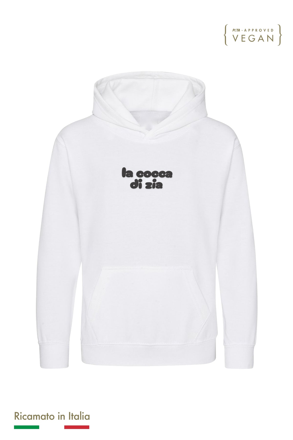 Felpa con cappuccio bambina bianca con ricamo nero "la cocca di zia", vista frontale