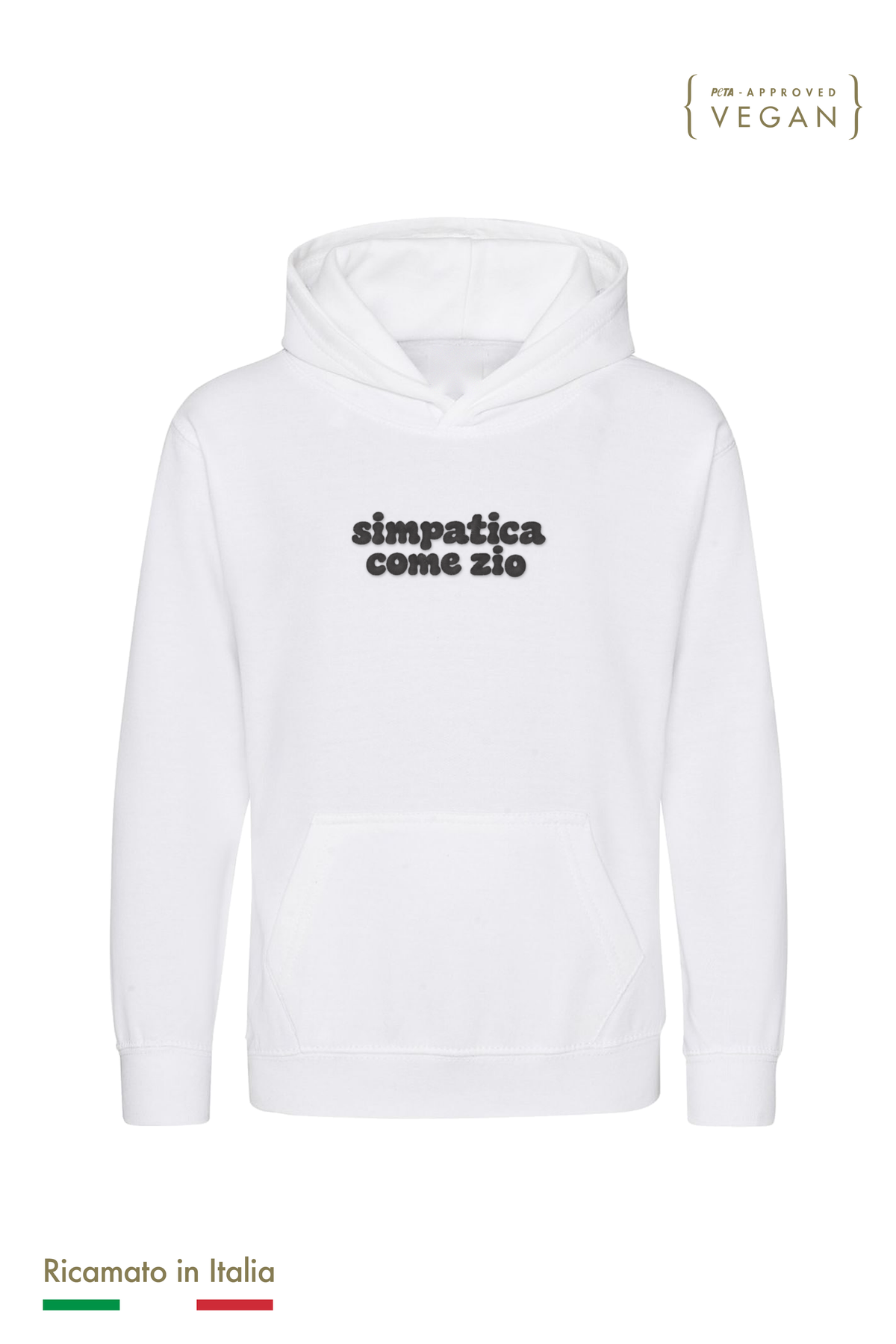 Felpa con cappuccio bambina bianca con ricamo nero "simpatica come zio", vista frontale