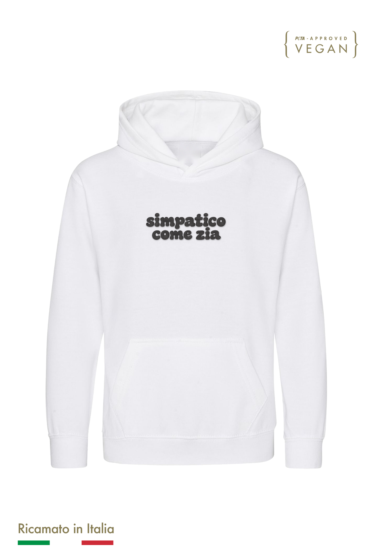 Felpa con cappuccio bambino bianca con ricamo nero "simpatico come zia", vista frontale