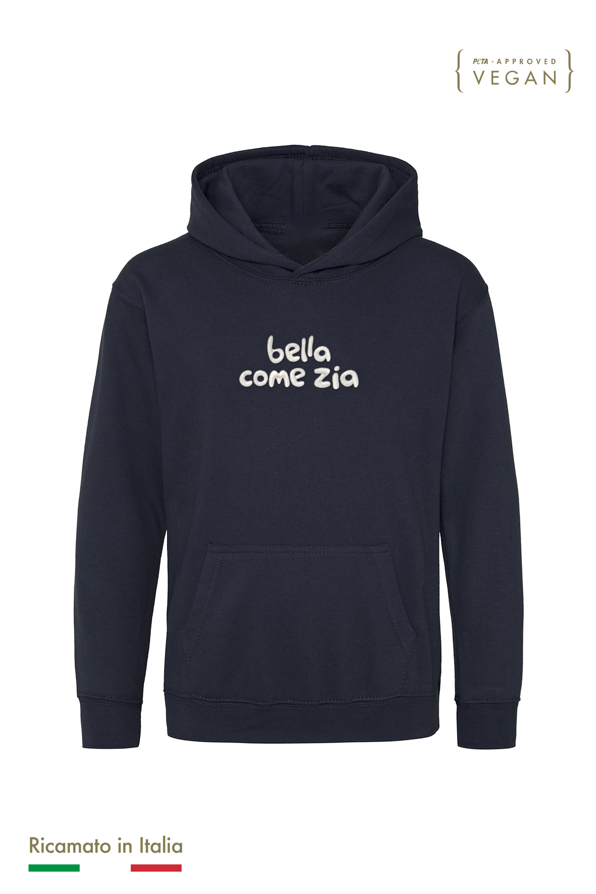 Felpa con cappuccio bambina blu navy con ricamo panna "bella come zia", vista frontale