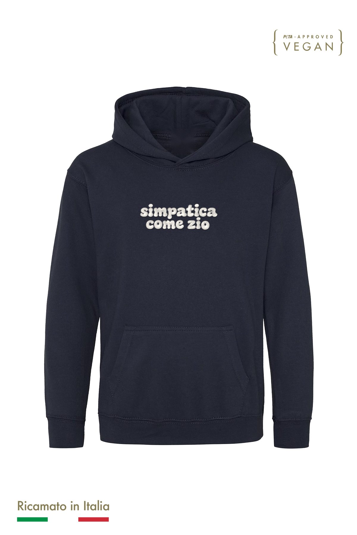 Felpa con cappuccio bambina blu navy con ricamo panna "simpatica come zio", vista frontale