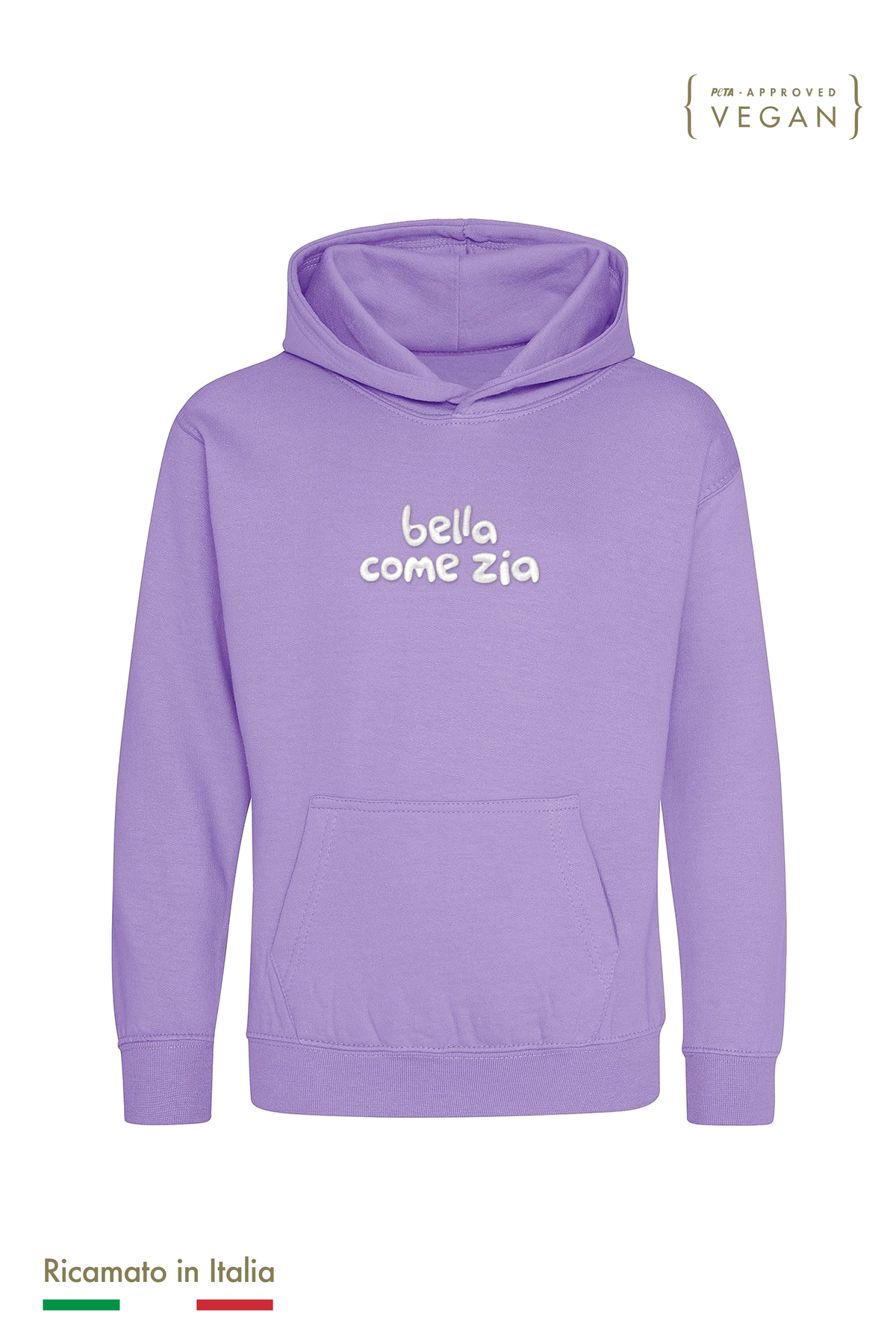 Felpa con cappuccio bambina glicine con ricamo bianco "bella come zia", vista frontale