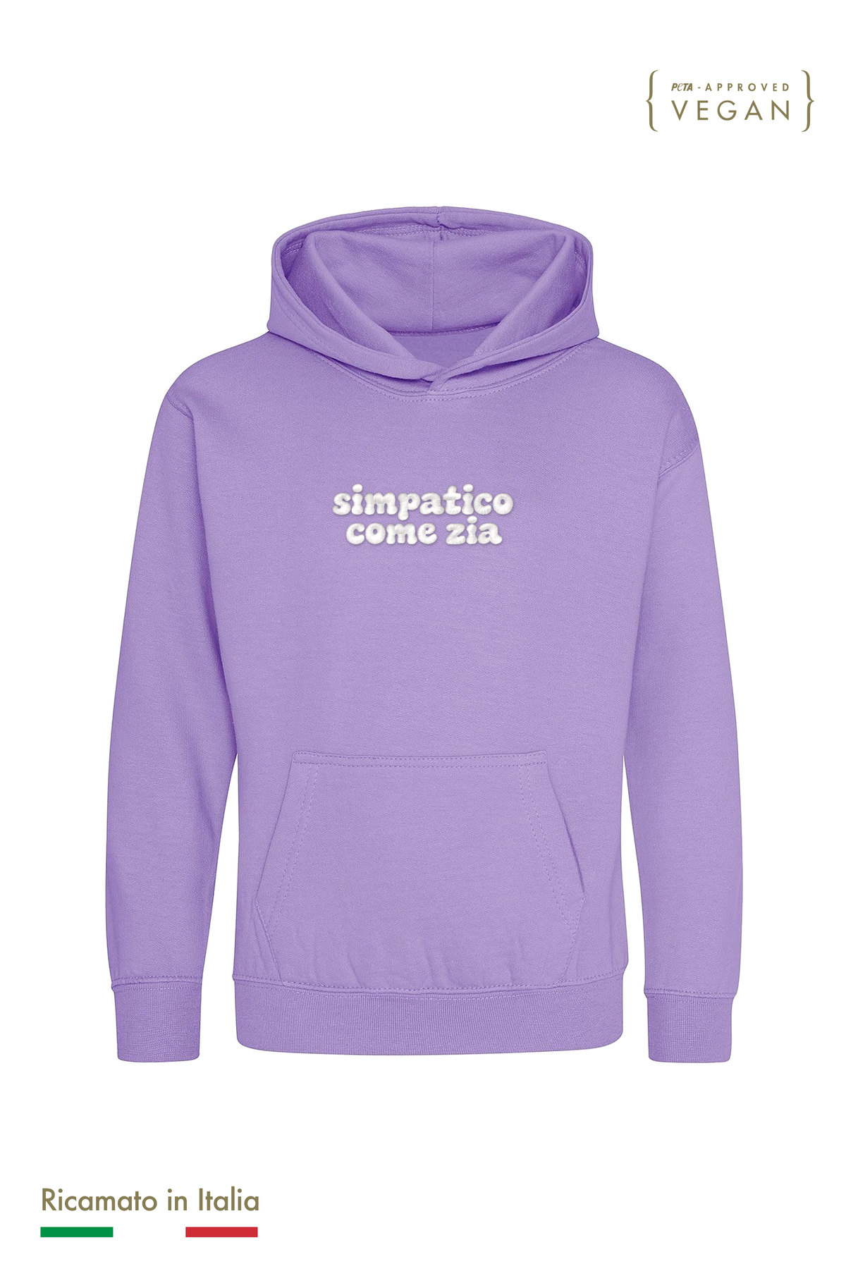 Felpa con cappuccio bambino glicine con ricamo bianco "simpatico come zia", vista frontale