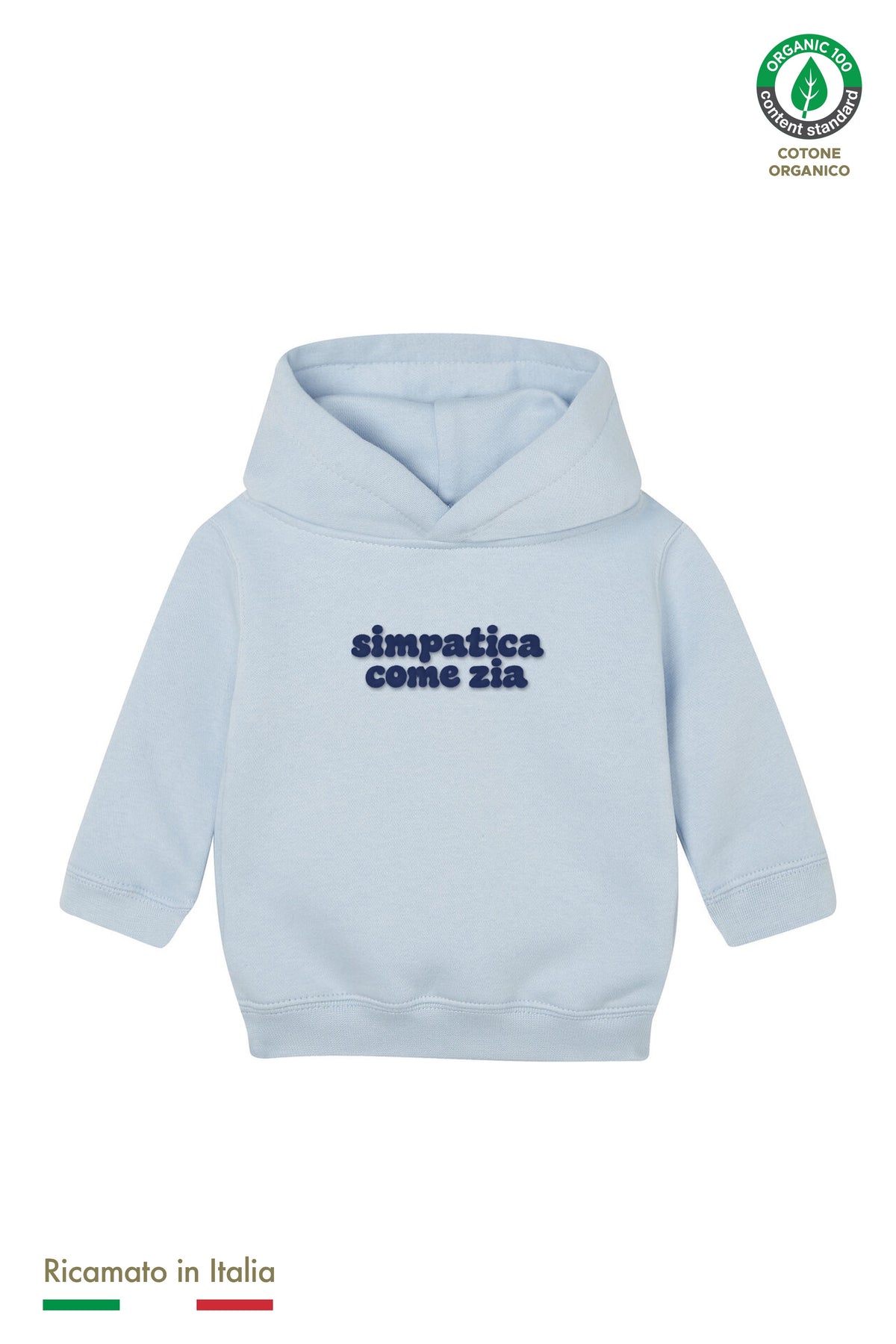 Felpa con cappuccio neonata azzurro polvere con ricamo blu navy "simpatica come zia", vista frontale