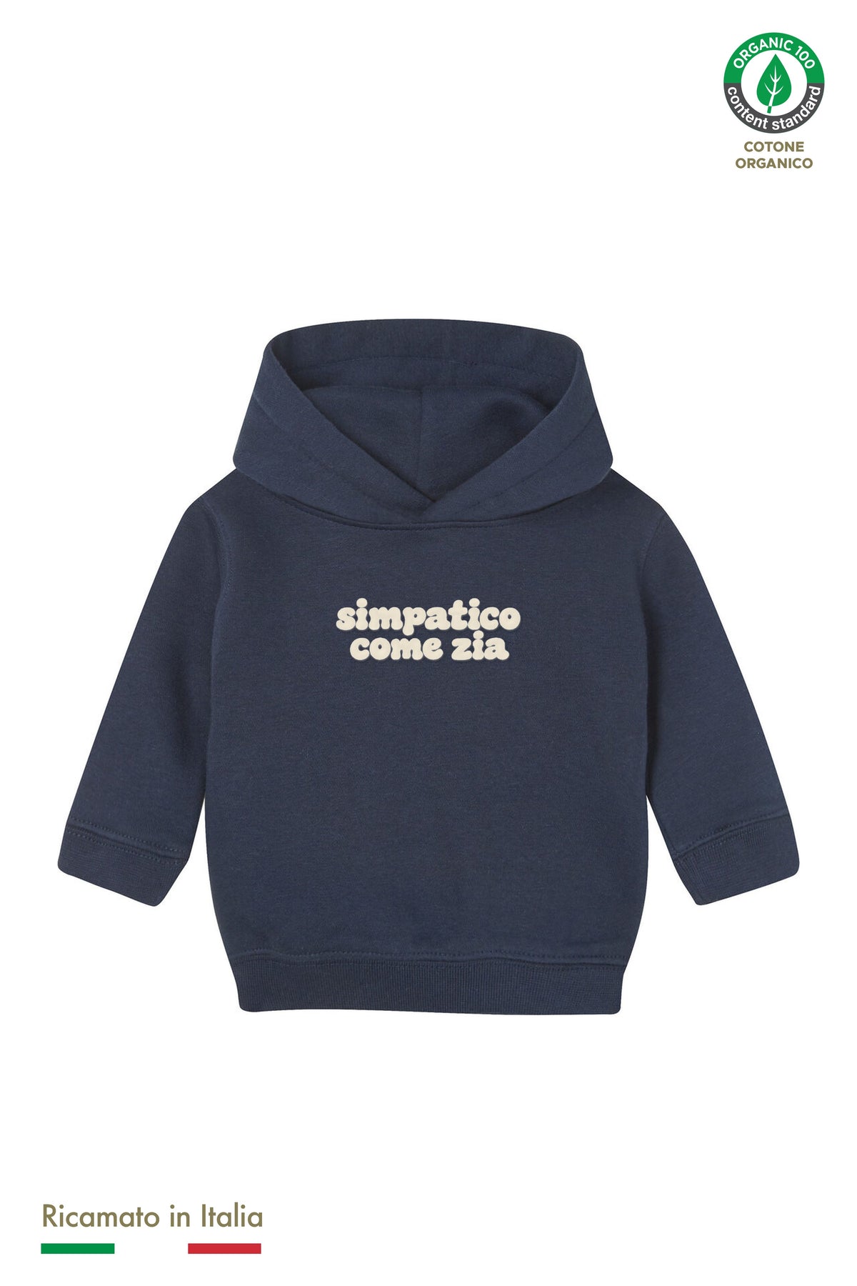 Felpa con cappuccio neonato blu navy con ricamo panna "simpatico come zia", vista frontale