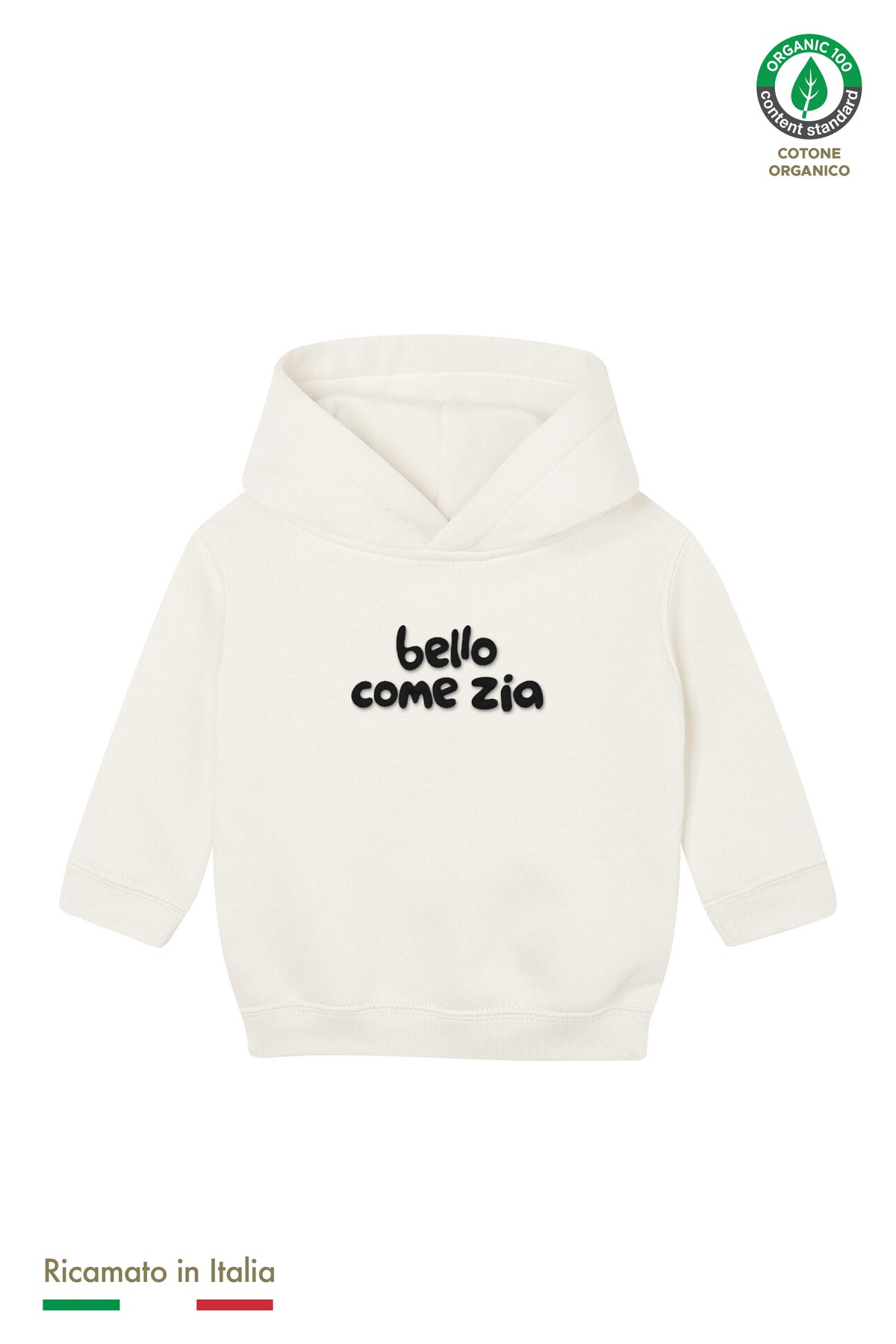 Felpa con cappuccio neonato panna con ricamo nero "bello come zia", vista frontale