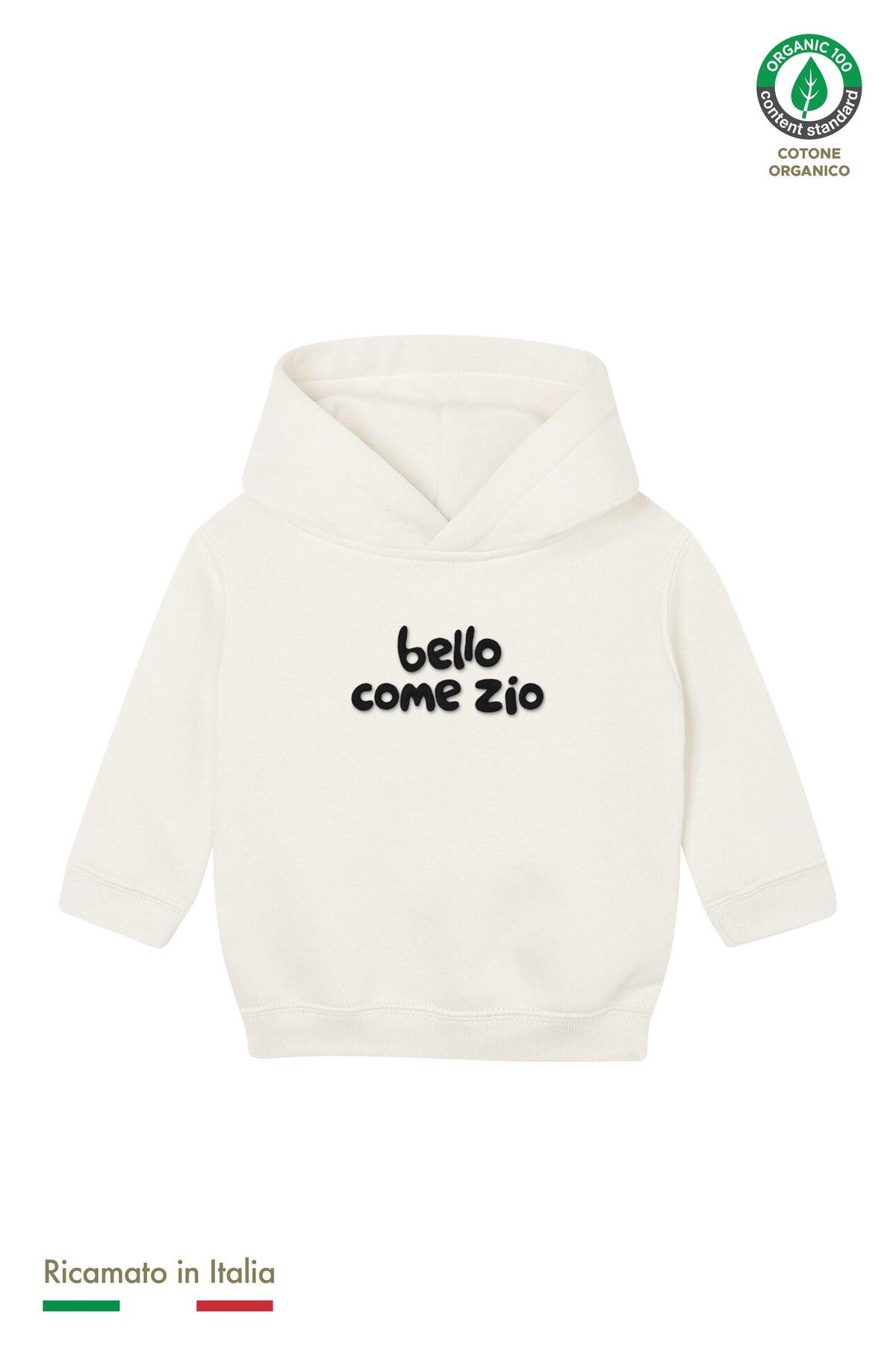 Felpa con cappuccio neonato panna con ricamo nero "bello come zio", vista frontale