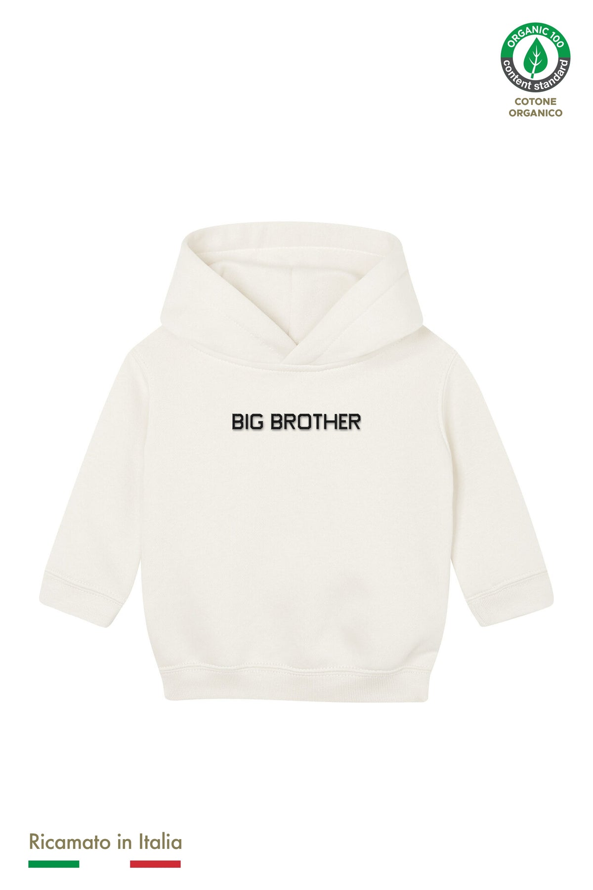 Felpa con cappuccio neonato panna con ricamo nero "BIG BROTHER", vista frontale