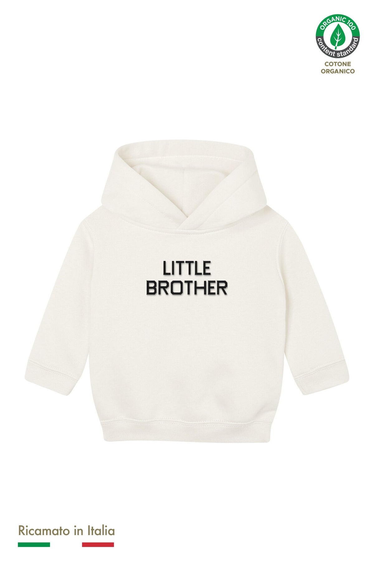 Felpa con cappuccio neonato panna con ricamo nero "LITTLE BROTHER", vista frontale