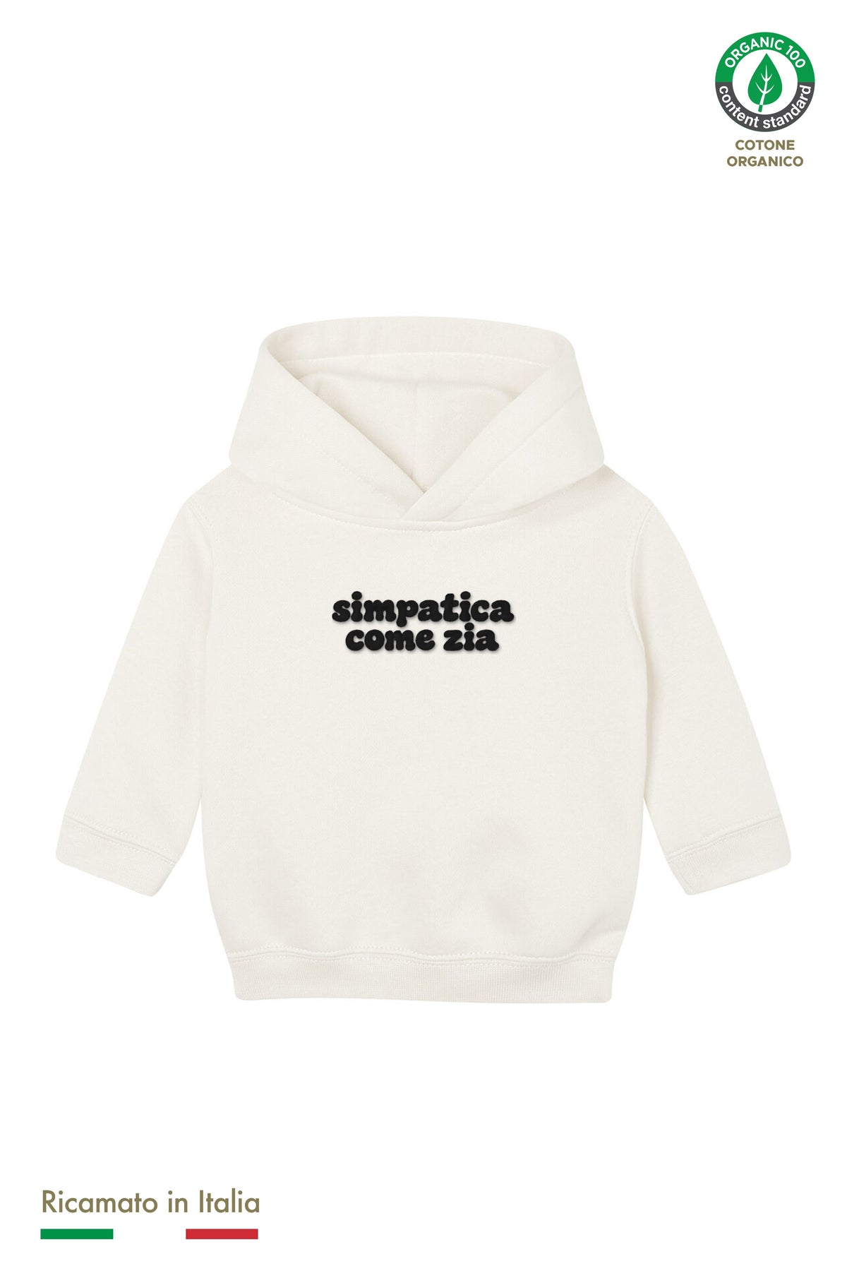 Felpa con cappuccio neonata panna con ricamo nero "simpatica come zia", vista frontale