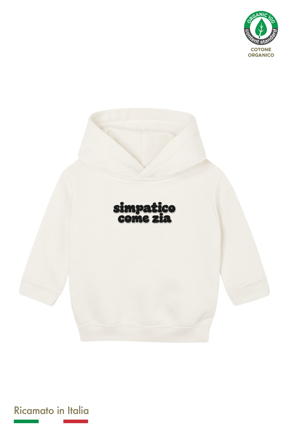 Felpa con cappuccio neonato panna con ricamo nero "simpatico come zia", vista frontale