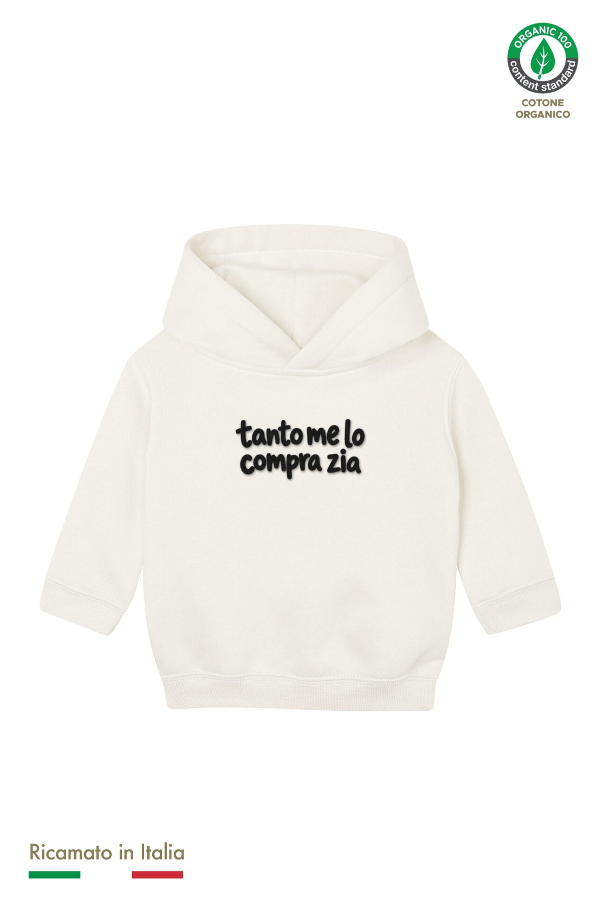 Felpa con cappuccio neonato panna con ricamo nero "tanto me lo compra zia", vista frontale
