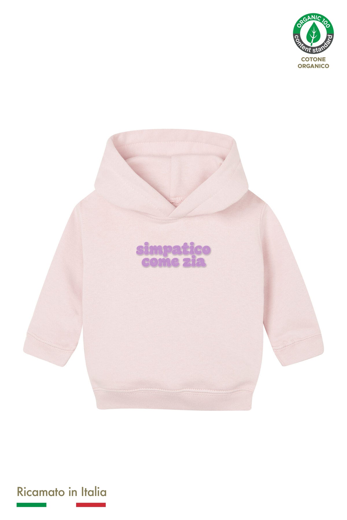 Felpa con cappuccio neonato rosa con ricamo lilla "simpatico come zia", vista frontale