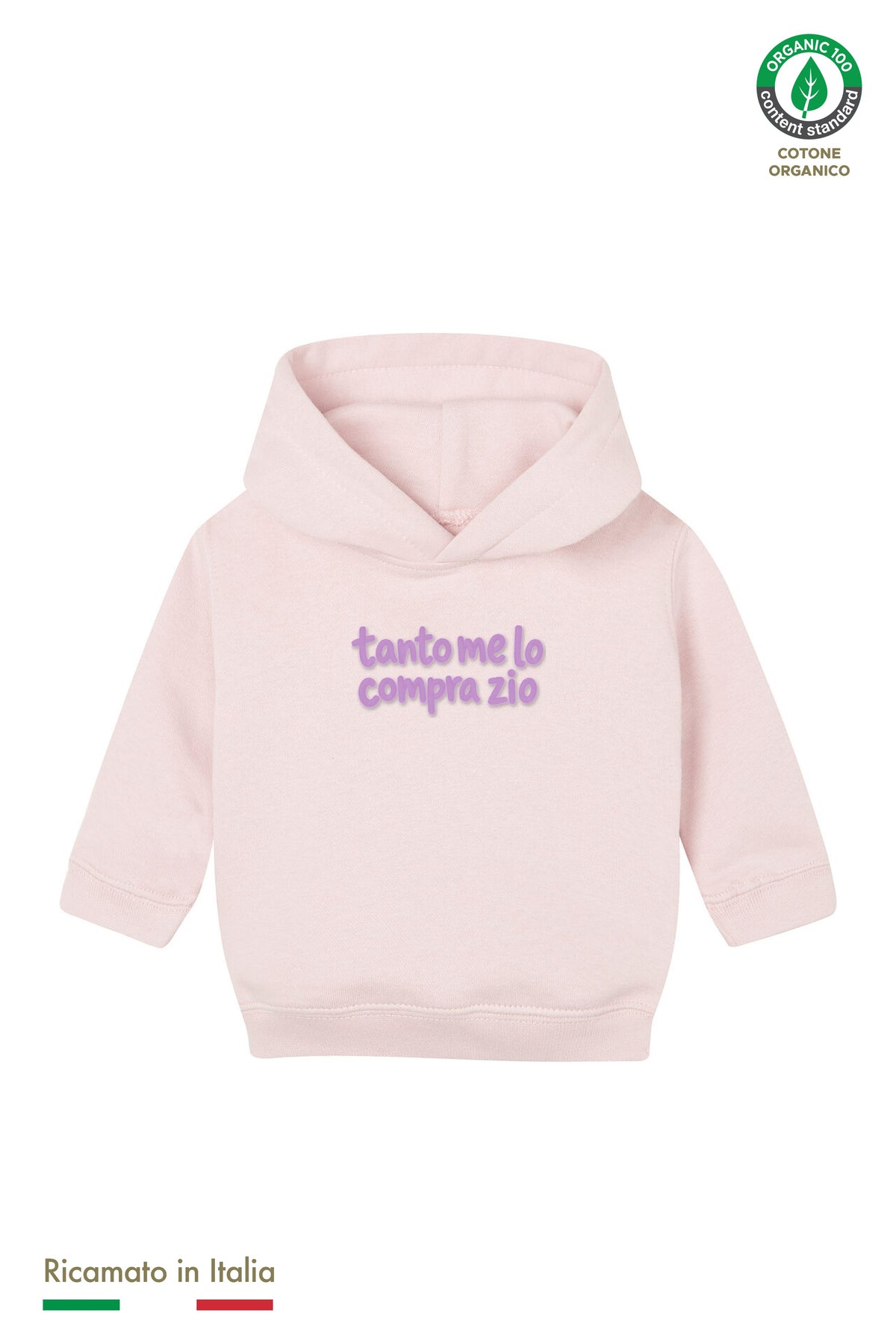 Felpa con cappuccio neonato rosa con ricamo lilla "tanto me lo compra zio", vista frontale