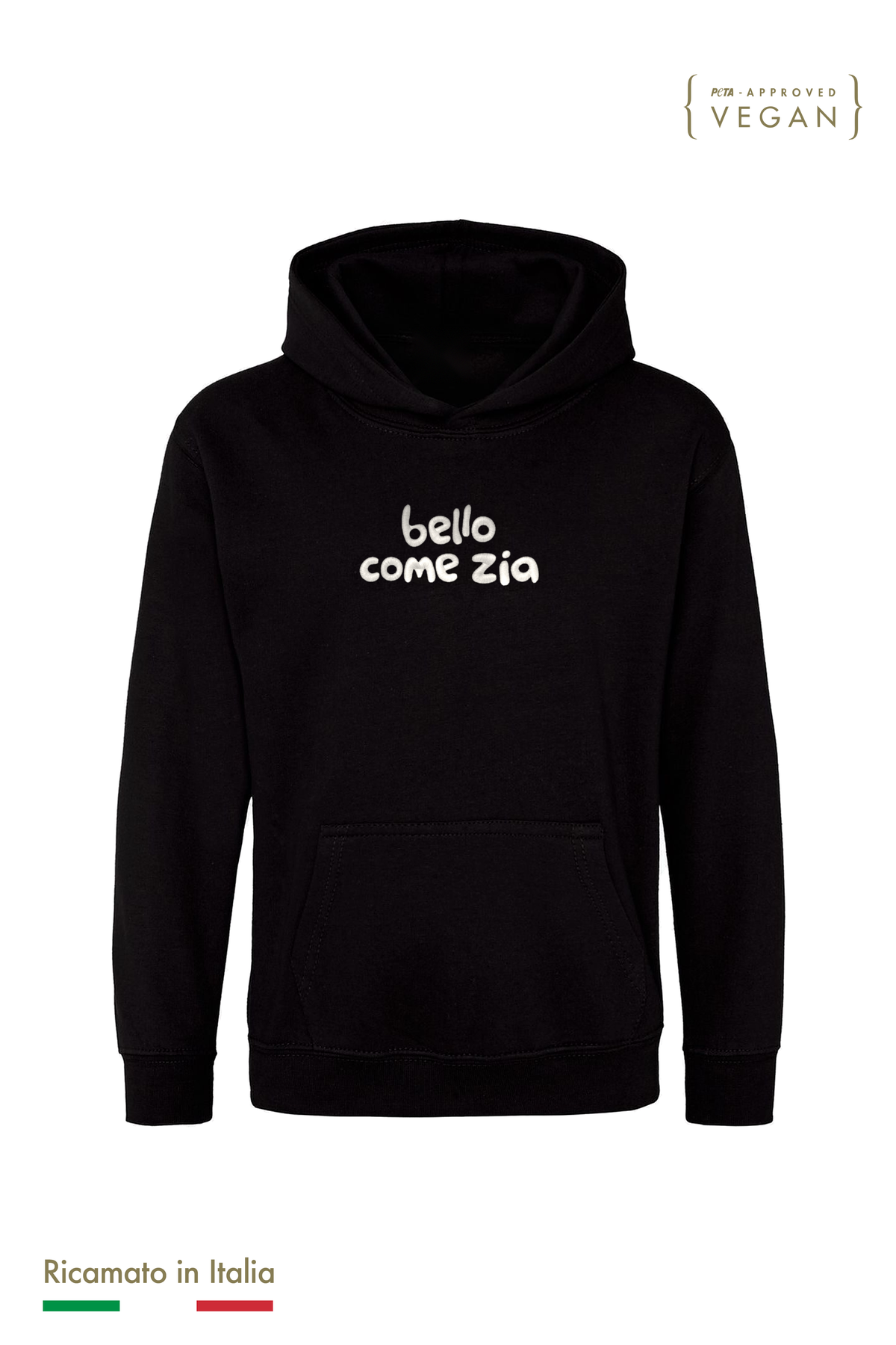 Felpa con cappuccio bambino nera con ricamo panna "bello come zia", vista frontale