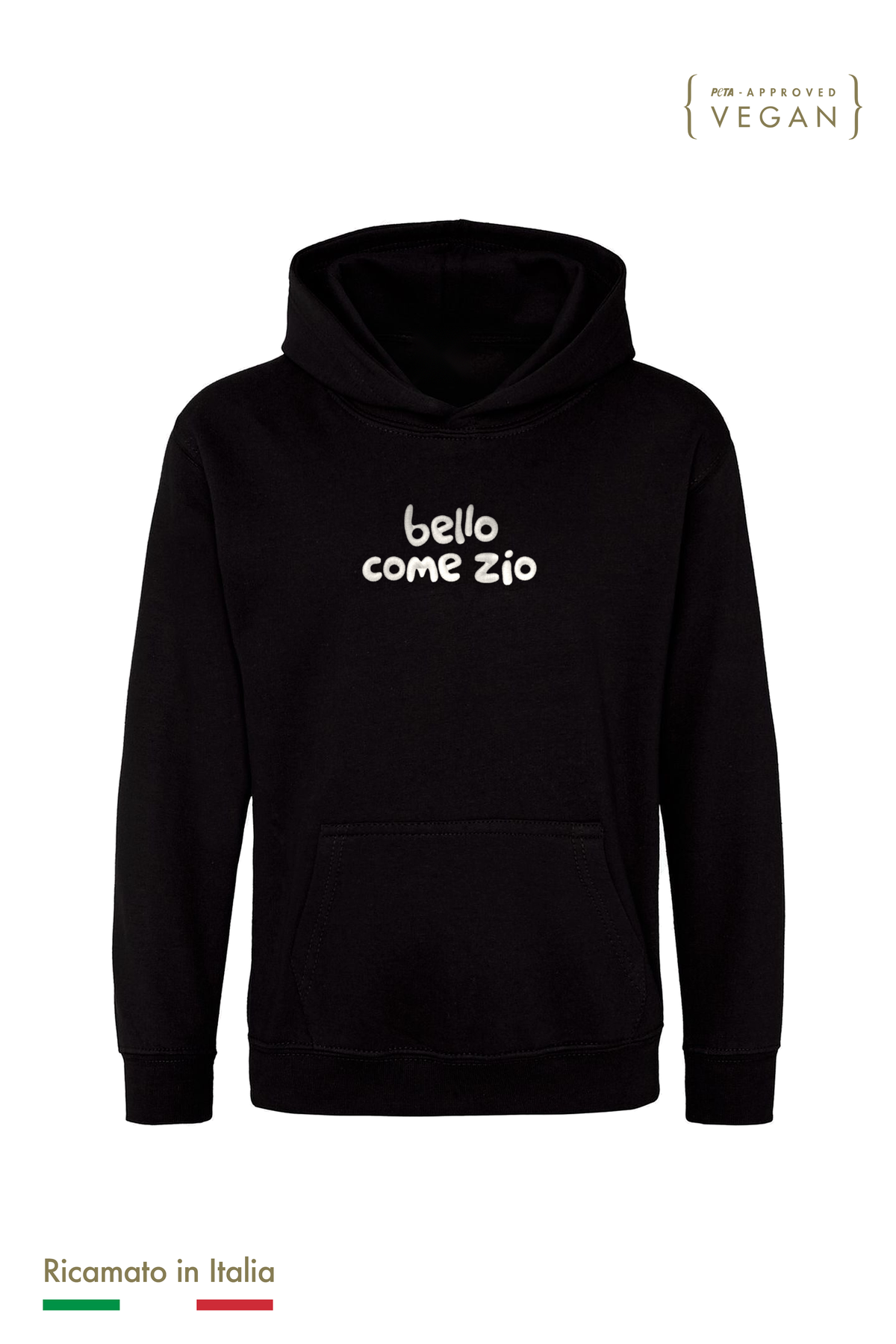 Felpa con cappuccio bambino nera con ricamo panna "bello come zio", vista frontale