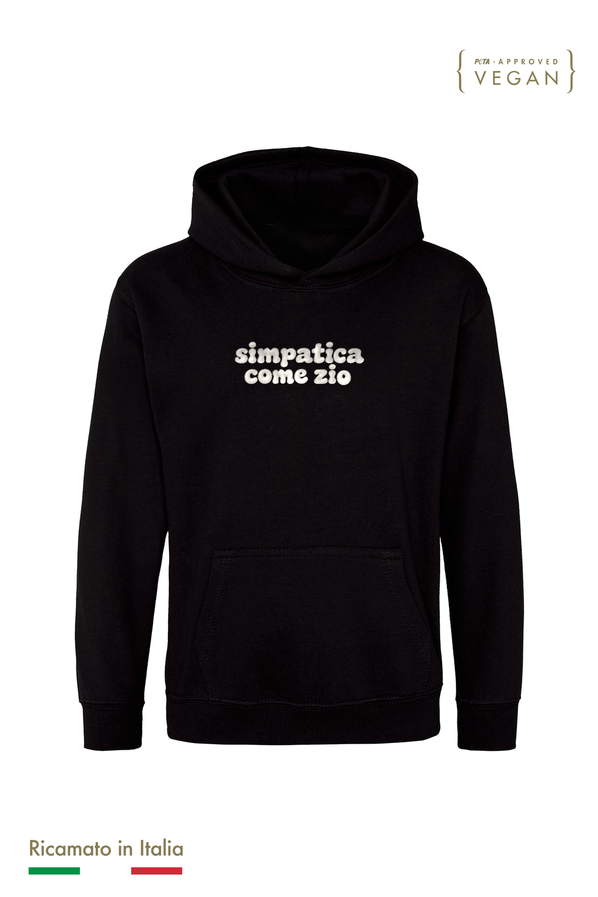 Felpa con cappuccio bambina nera con ricamo panna "simpatica come zio", vista frontale