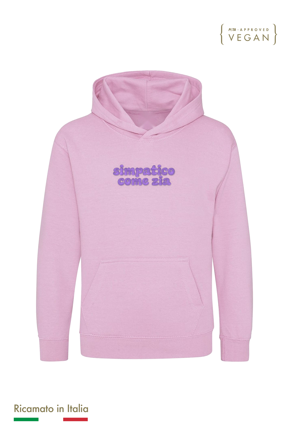 Felpa con cappuccio bambino rosa con ricamo lilla "simpatico come zia", vista frontale