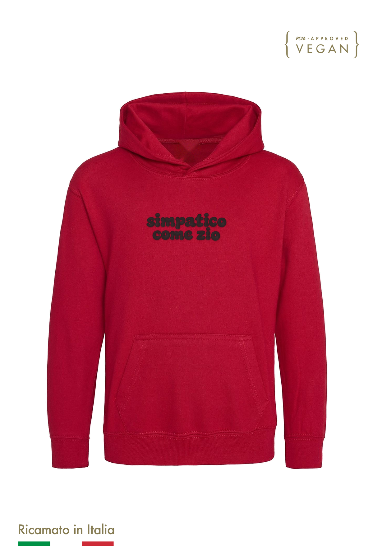 Felpa con cappuccio bambino rossa con ricamo nero "simpatico come zio", vista frontale