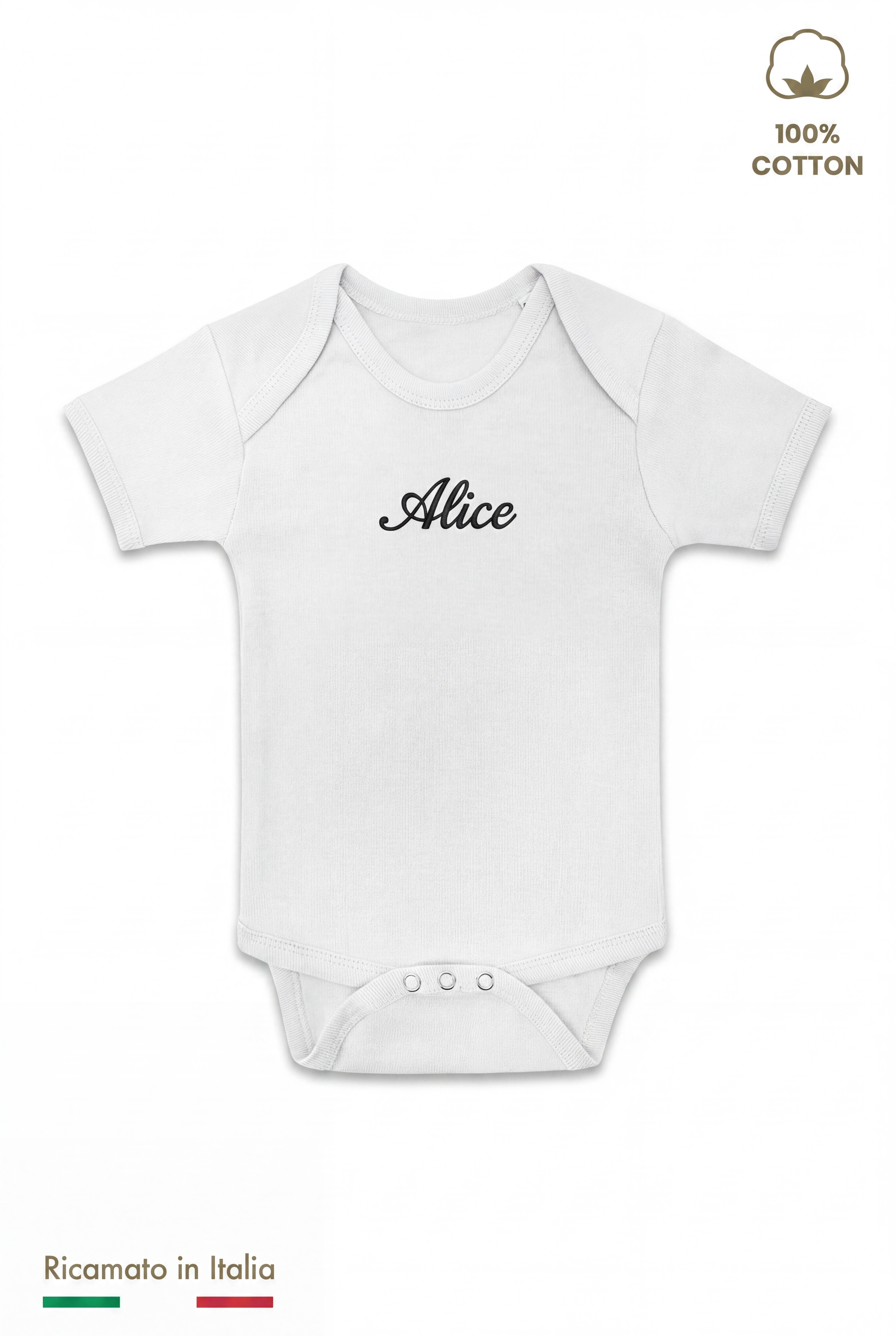 Body neonato bianco della box nascita con il nome Alice ricamato in filo nero
