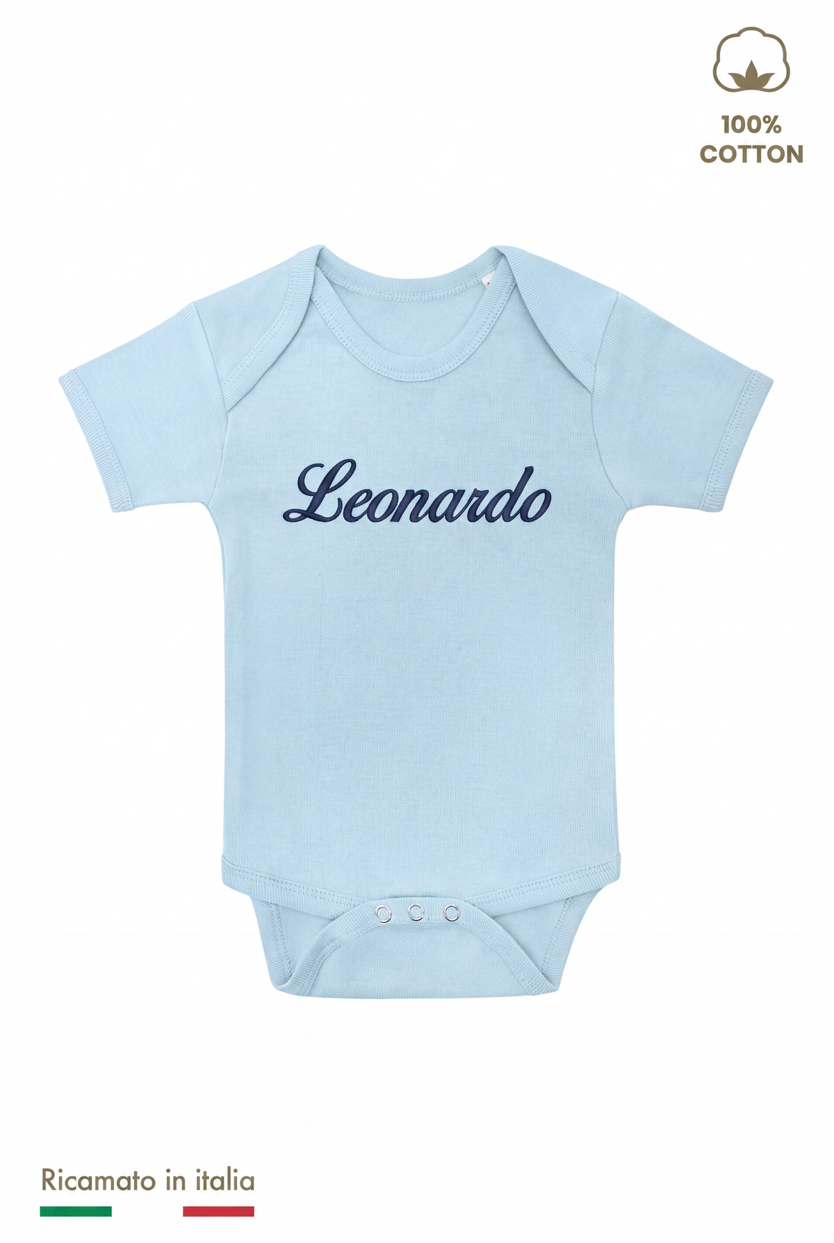 Body neonato azzurro della box nascita con il nome Leonardo ricamato in filo blu