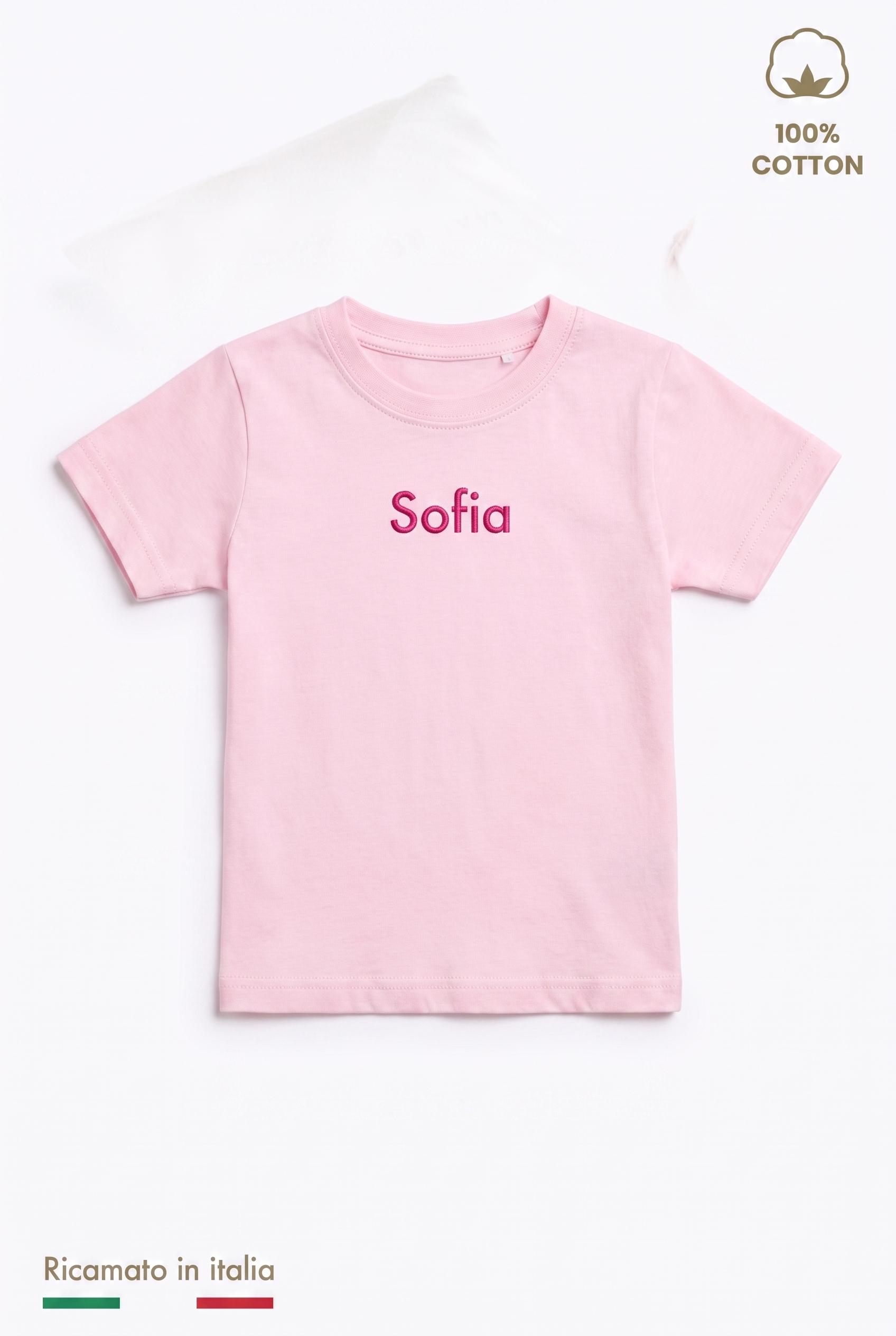 T-shirt bambina rosa con il nome Sofia ricamato in filo fucsia