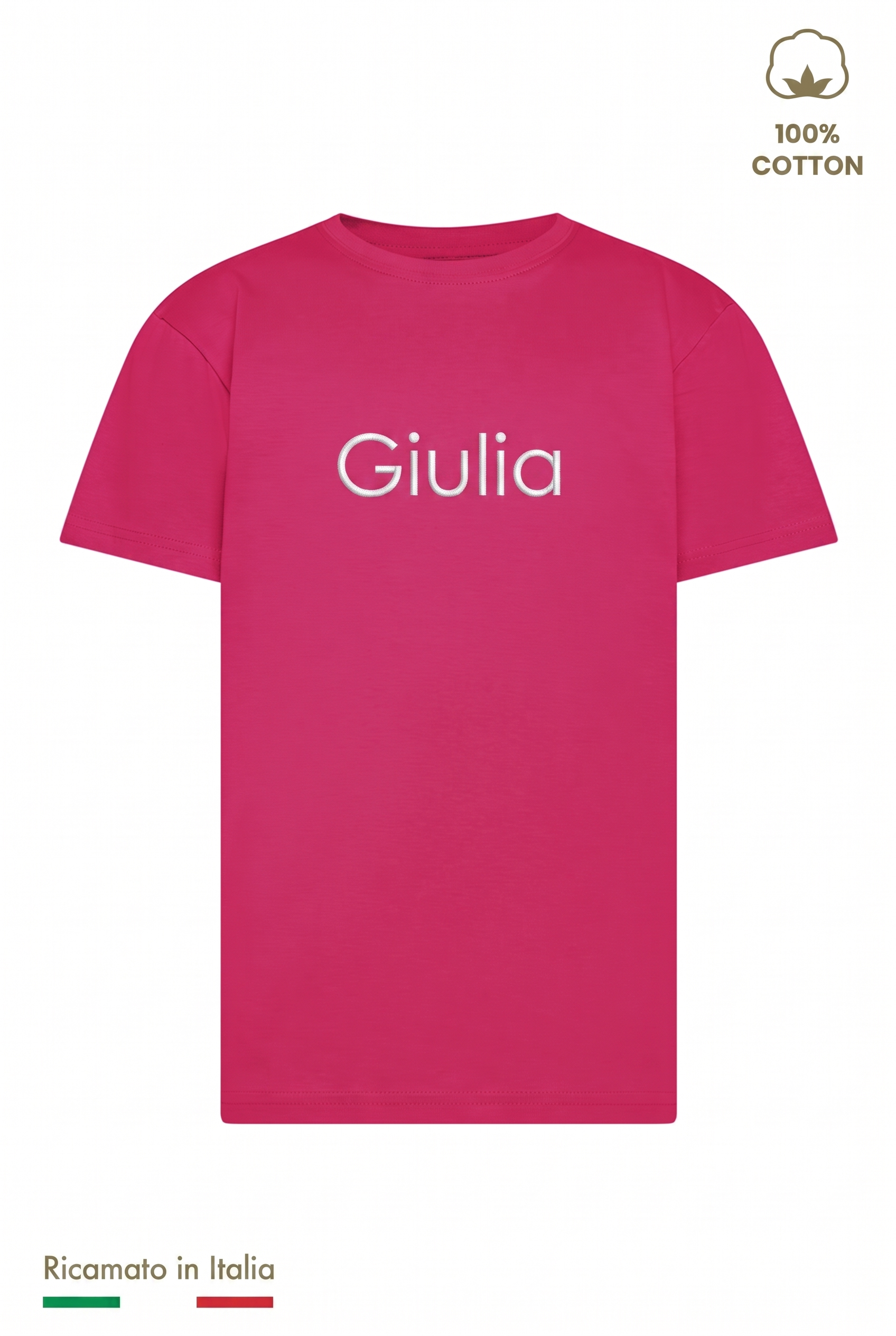 T-shirt bambina fucsia con il nome Giulia ricamato in filo bianco