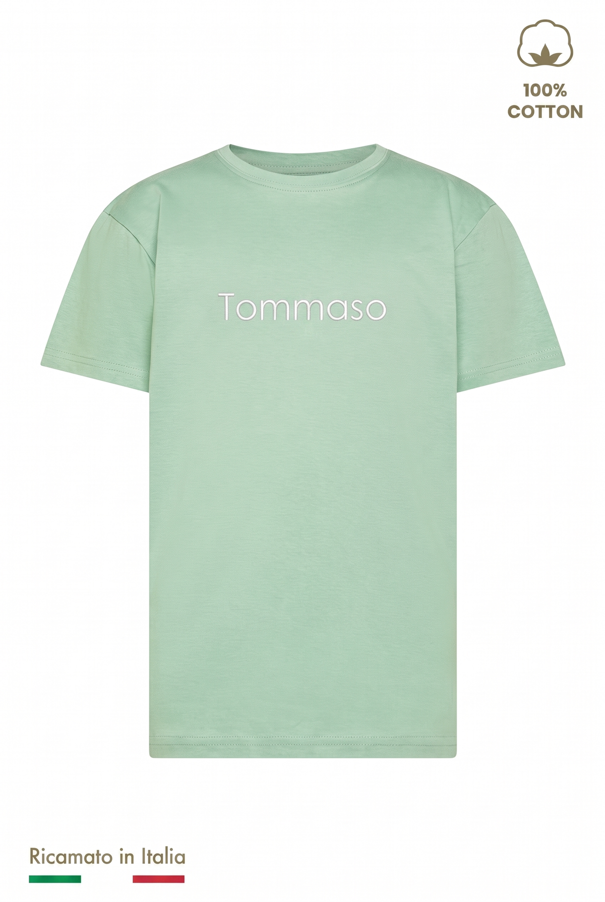 T-shirt bambino verde salvia con il nome Tommaso ricamato in filo bianco
