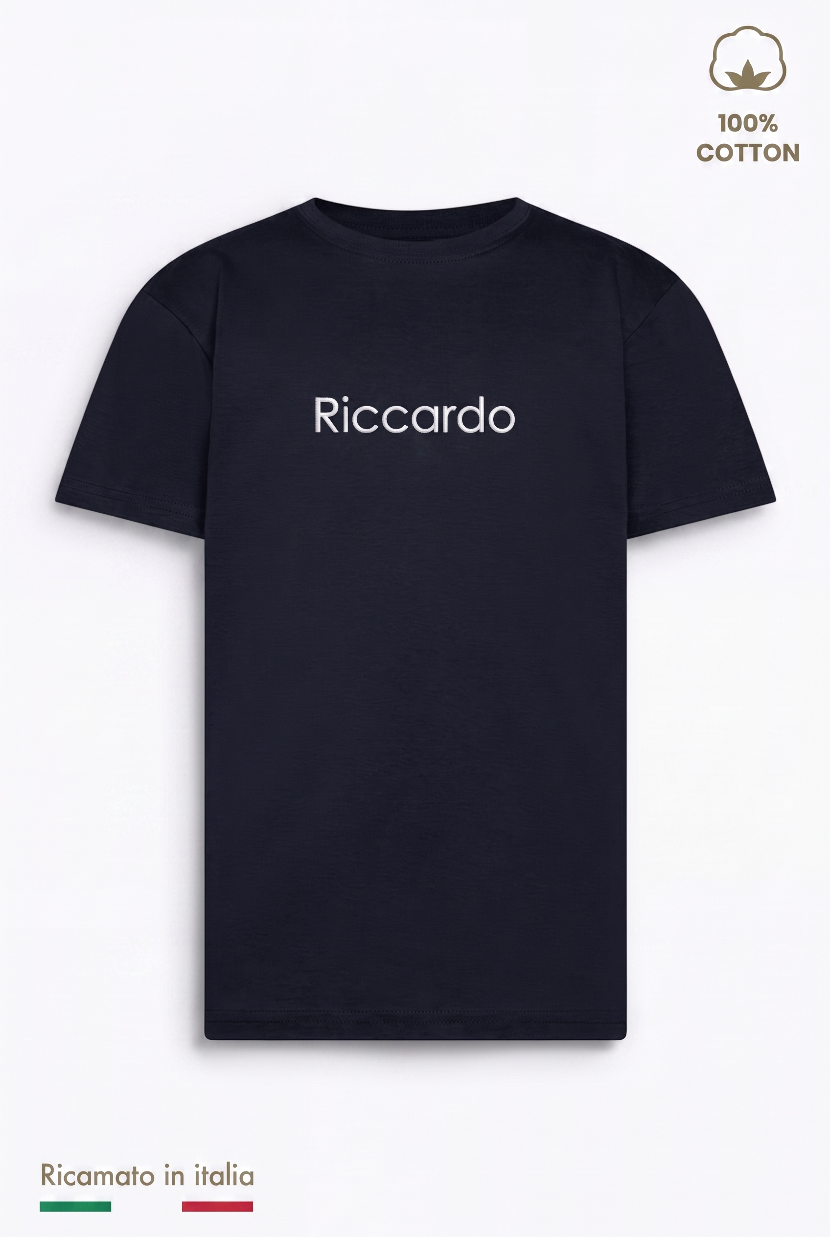 T-shirt bambino blu navy con il nome Riccardo ricamato in filo bianco
