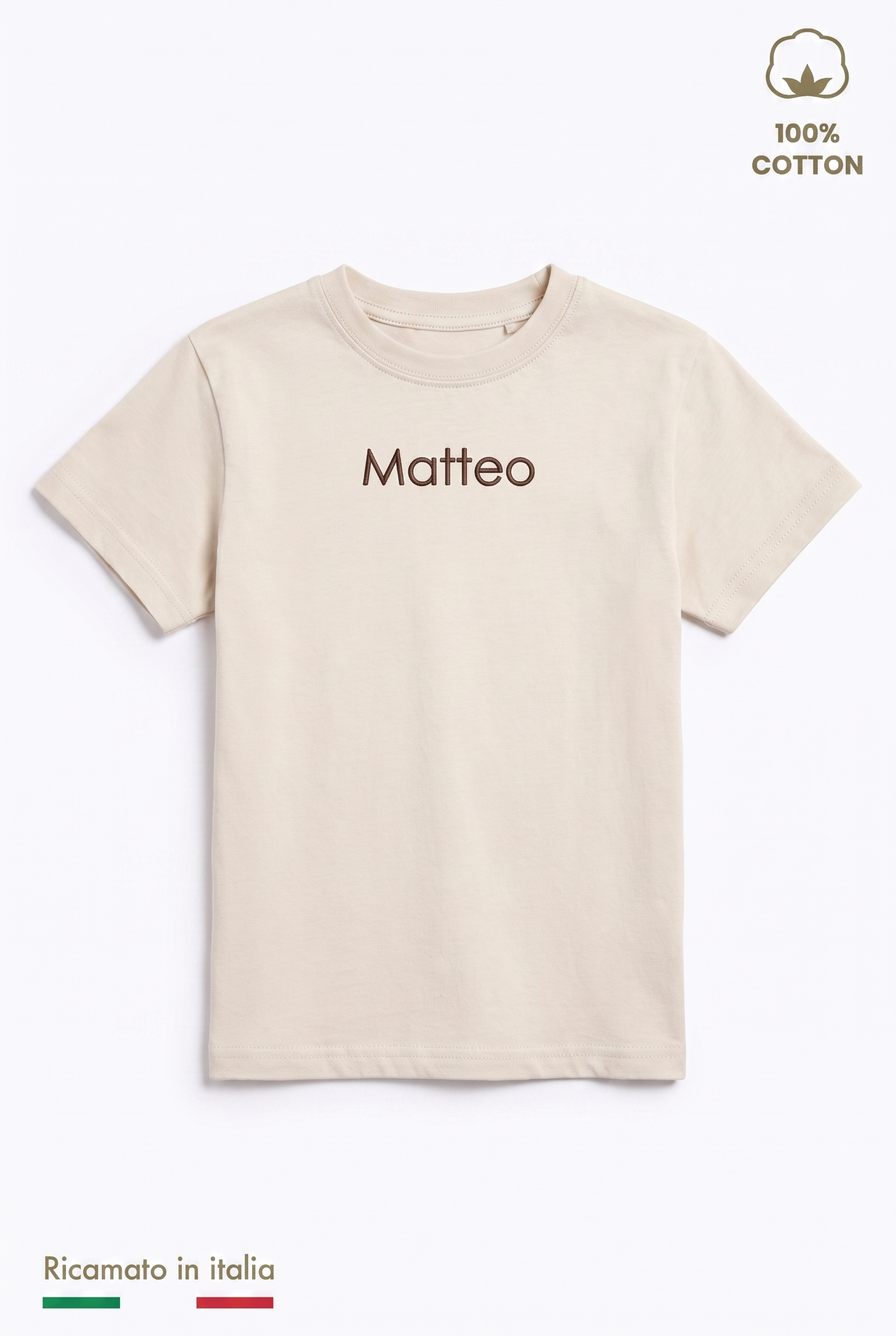 T-shirt bambino beige con il nome Matteo ricamato in filo marrone