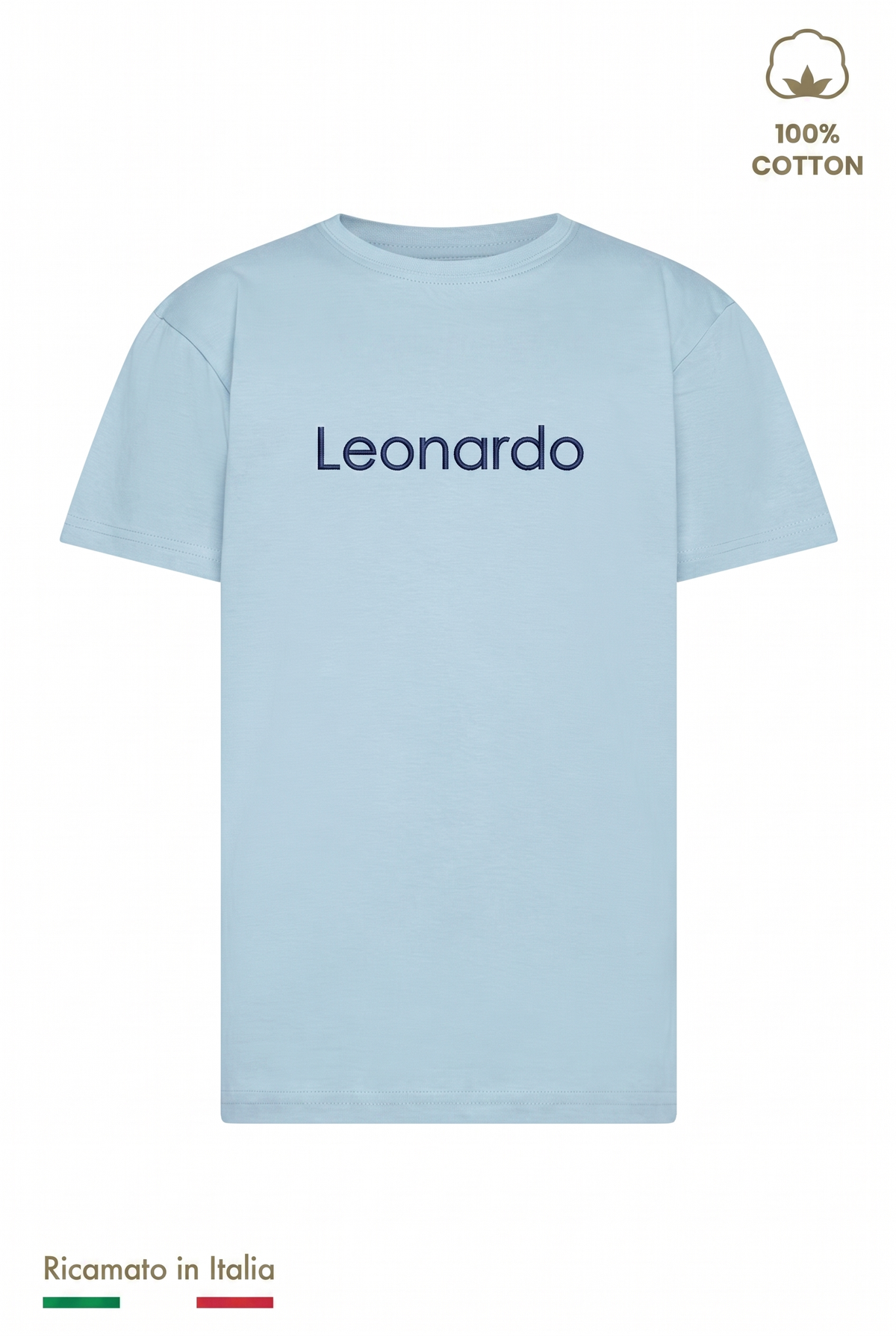 T-shirt bambino azzurro Polvere con il nome Leonardo ricamato in filo blu