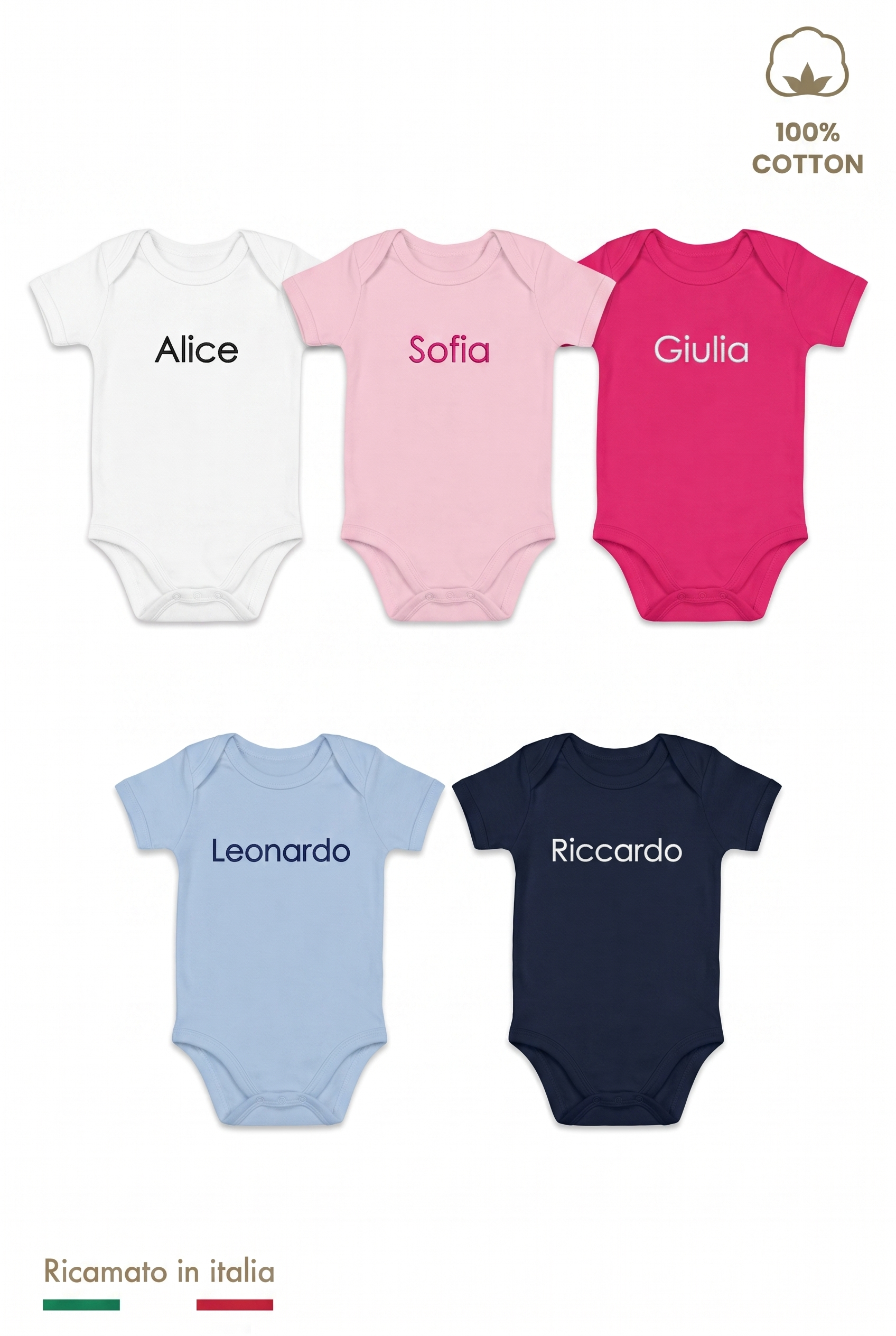 I cinque colori del body MADRESPERA: bianco, rosa, fucsia, azzurro Polvere e blu navy, con il nome ricamato