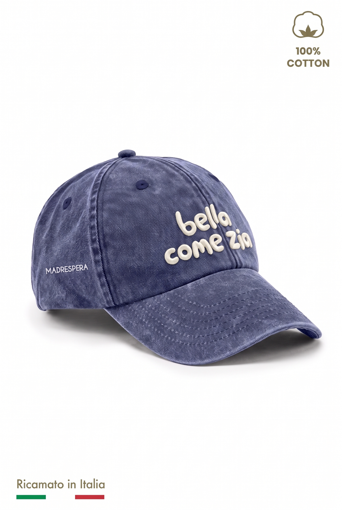 Cappellino vintage bambina blu navy con ricamo panna "Bella come zia" - vista laterale con logo MADRESPERA