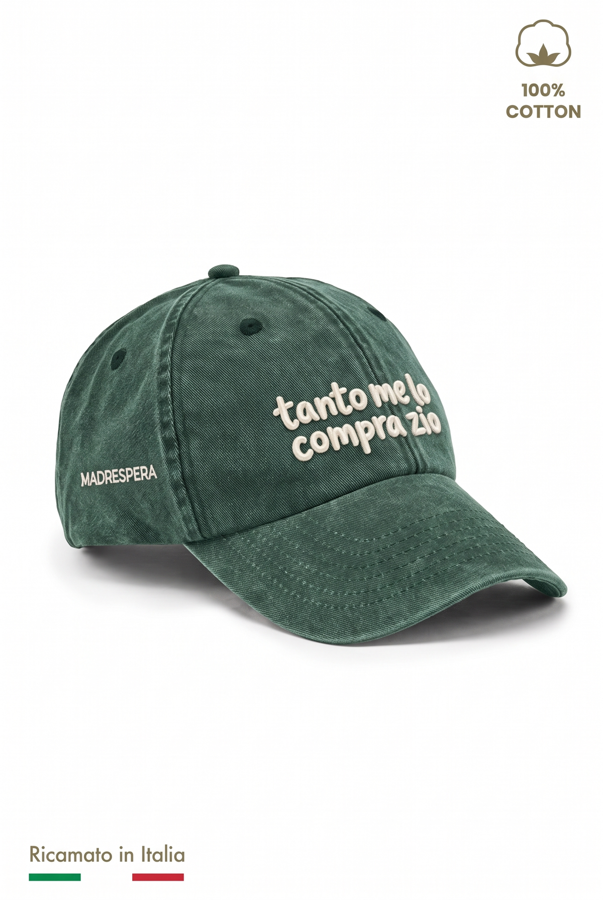 Cappellino vintage bambino verde con ricamo panna "Tanto me lo compra zio" - vista laterale con logo MADRESPERA