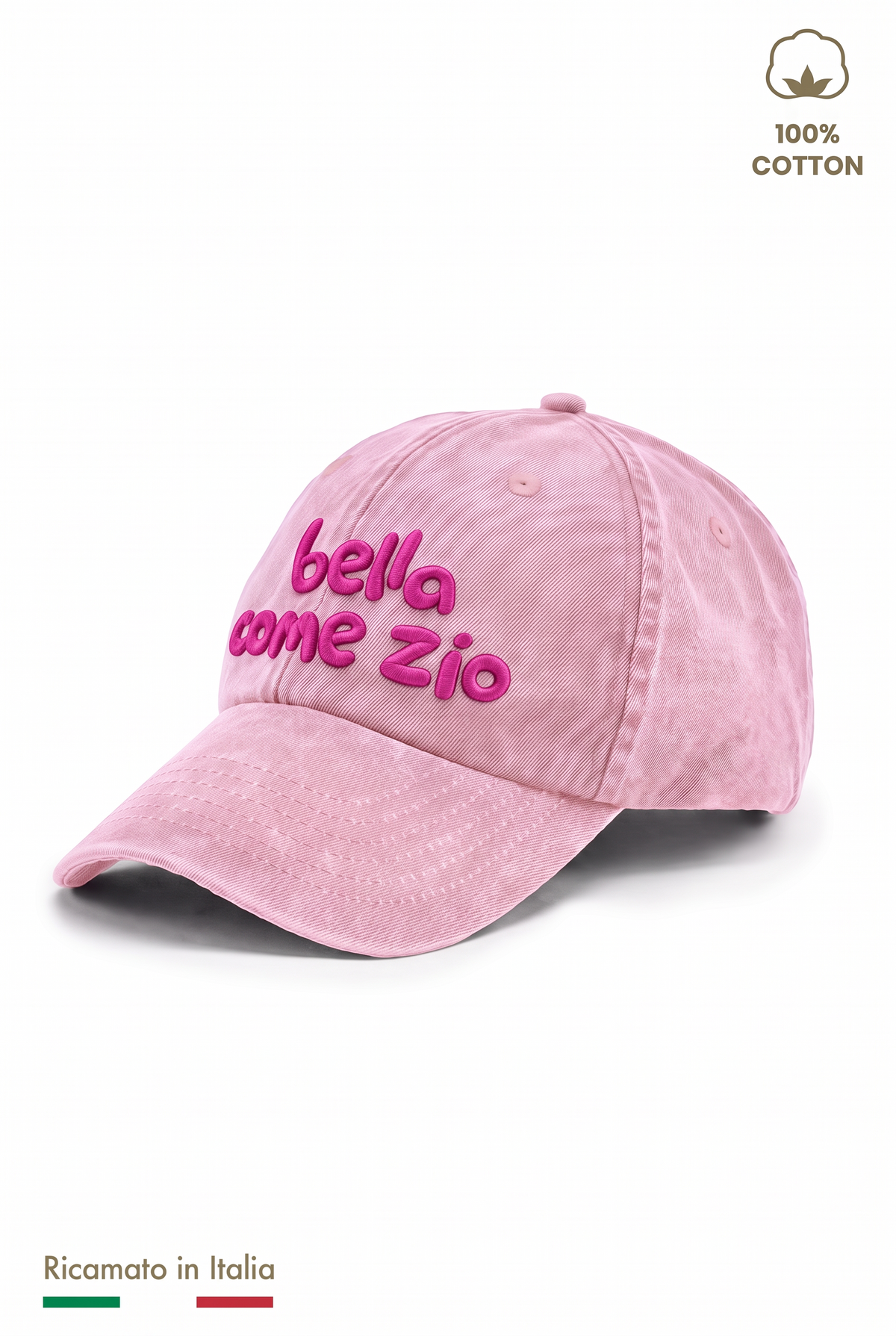 Cappellino vintage bambina rosa con ricamo fucsia "Bella come zio" - vista laterale