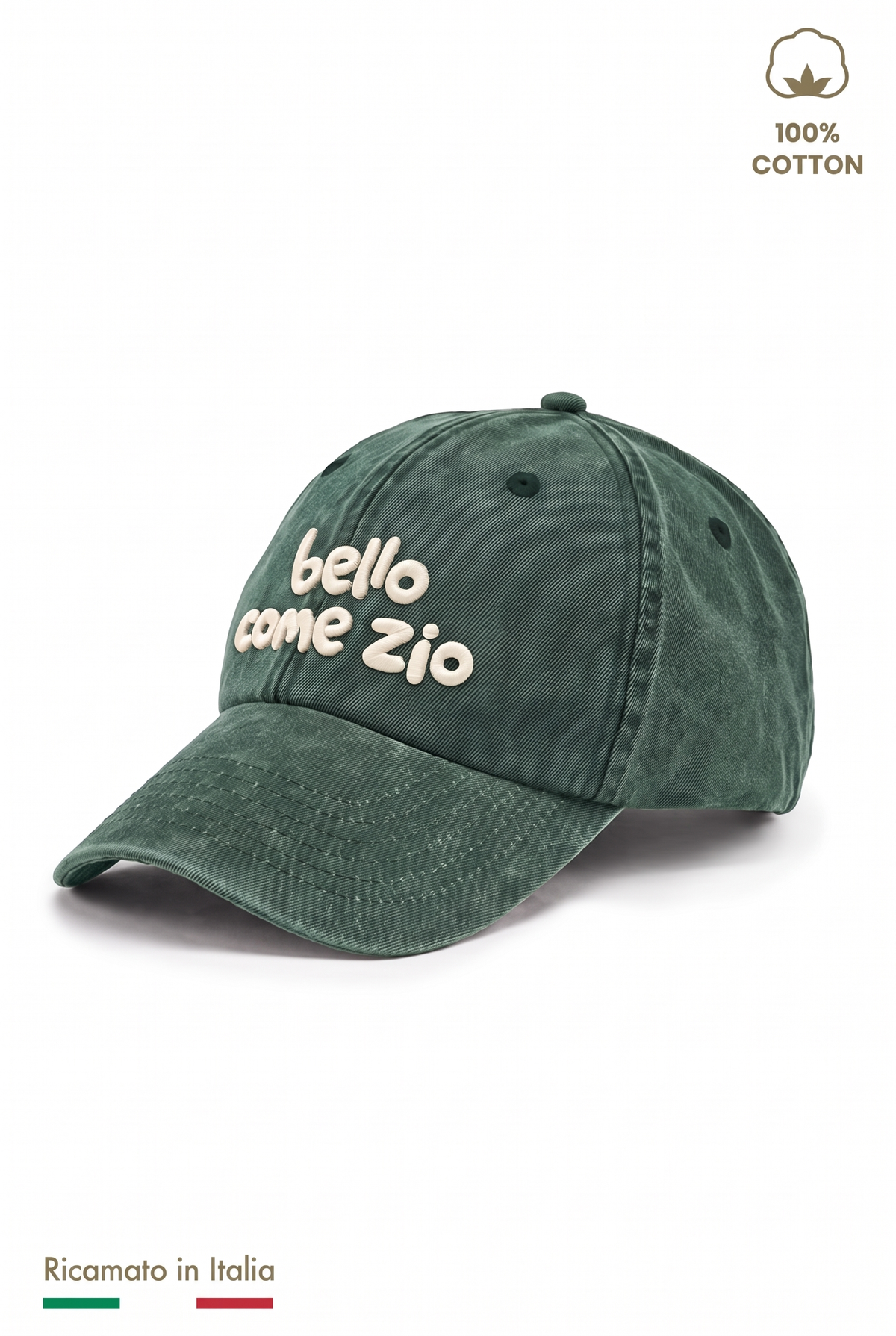 Cappellino vintage bambino verde con ricamo panna "Bello come zio" - vista laterale