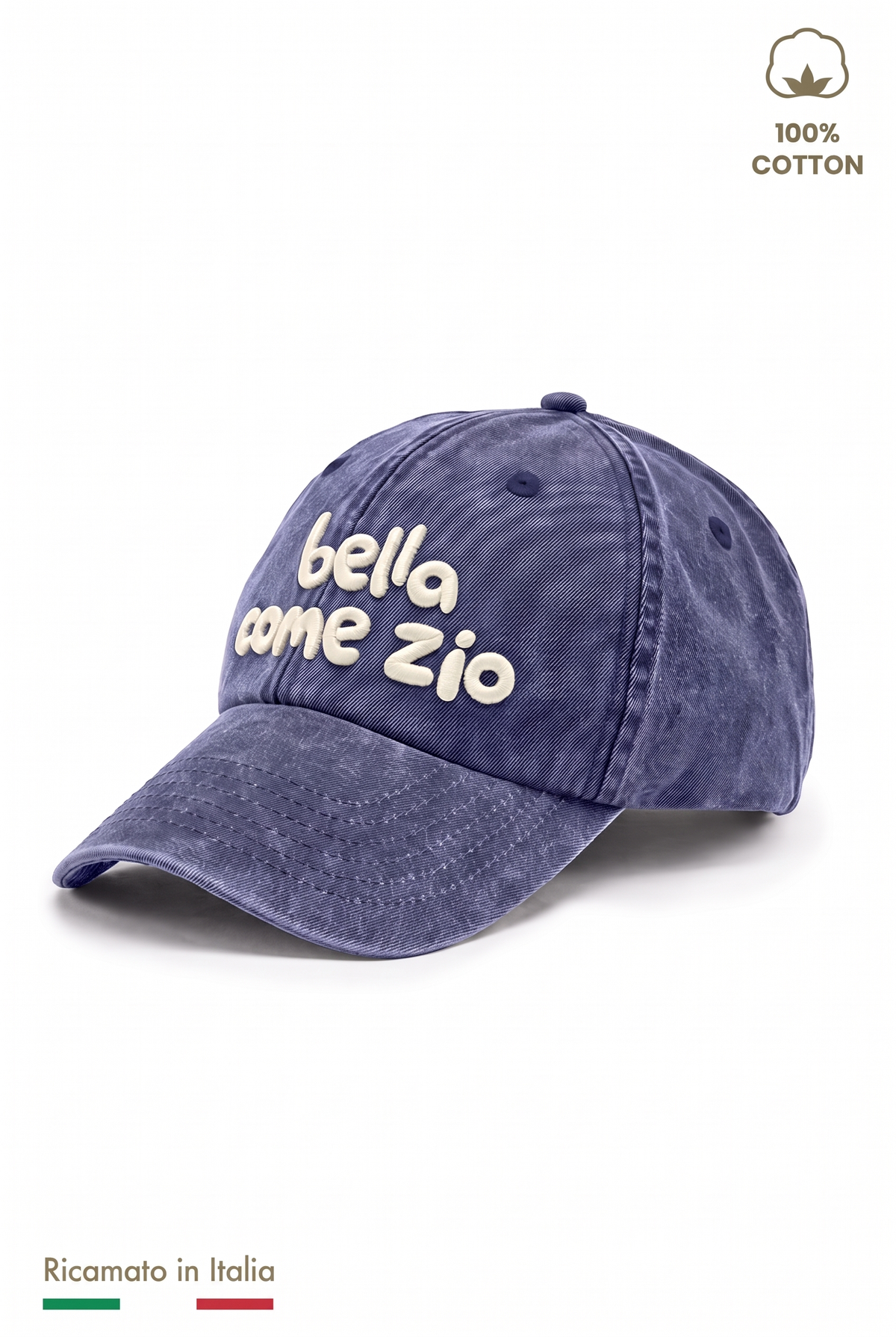 Cappellino vintage bambina blu navy con ricamo panna "Bella come zio" - vista laterale