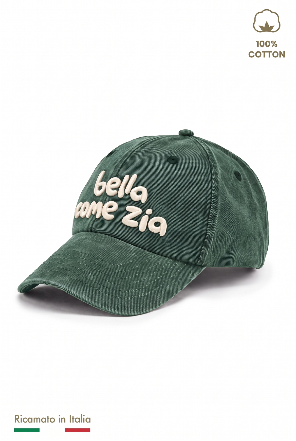 Cappellino vintage bambina verde con ricamo panna "Bella come zia" - vista laterale