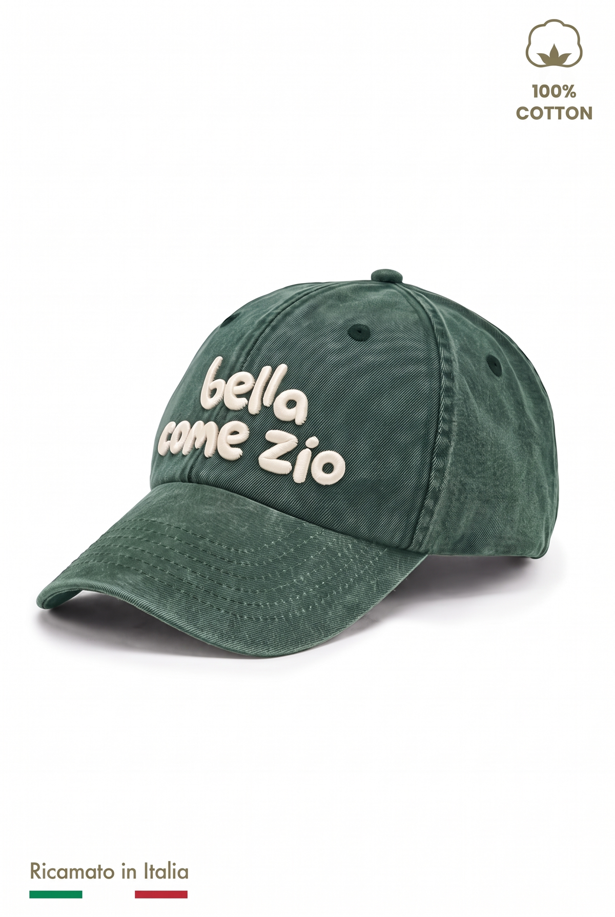 Cappellino vintage bambina verde con ricamo panna "Bella come zio" - vista laterale