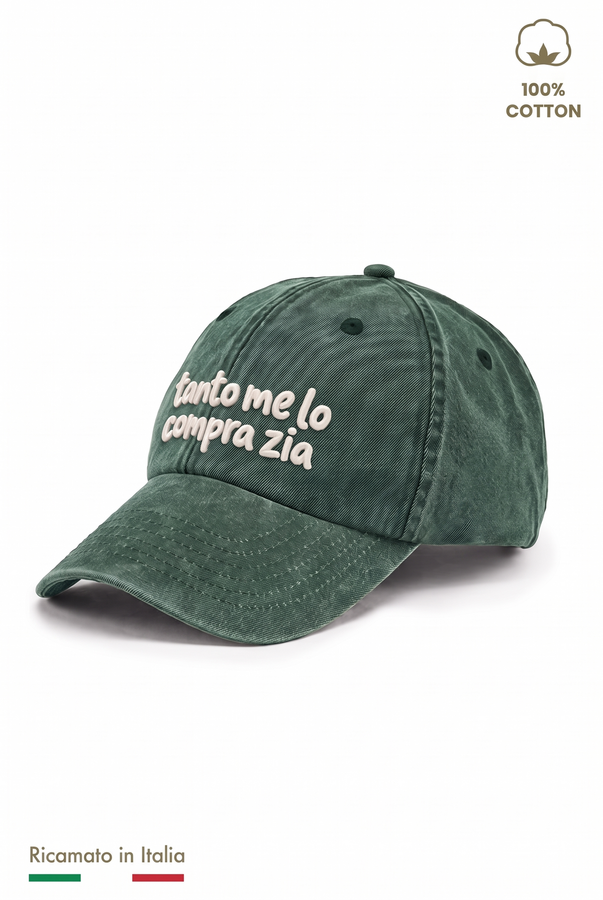 Cappellino vintage bambino verde con ricamo panna "Tanto me lo compra zia" - vista laterale