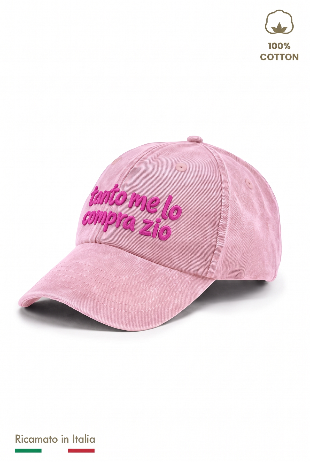 Cappellino vintage bambino rosa con ricamo fucsia "Tanto me lo compra zio" - vista laterale