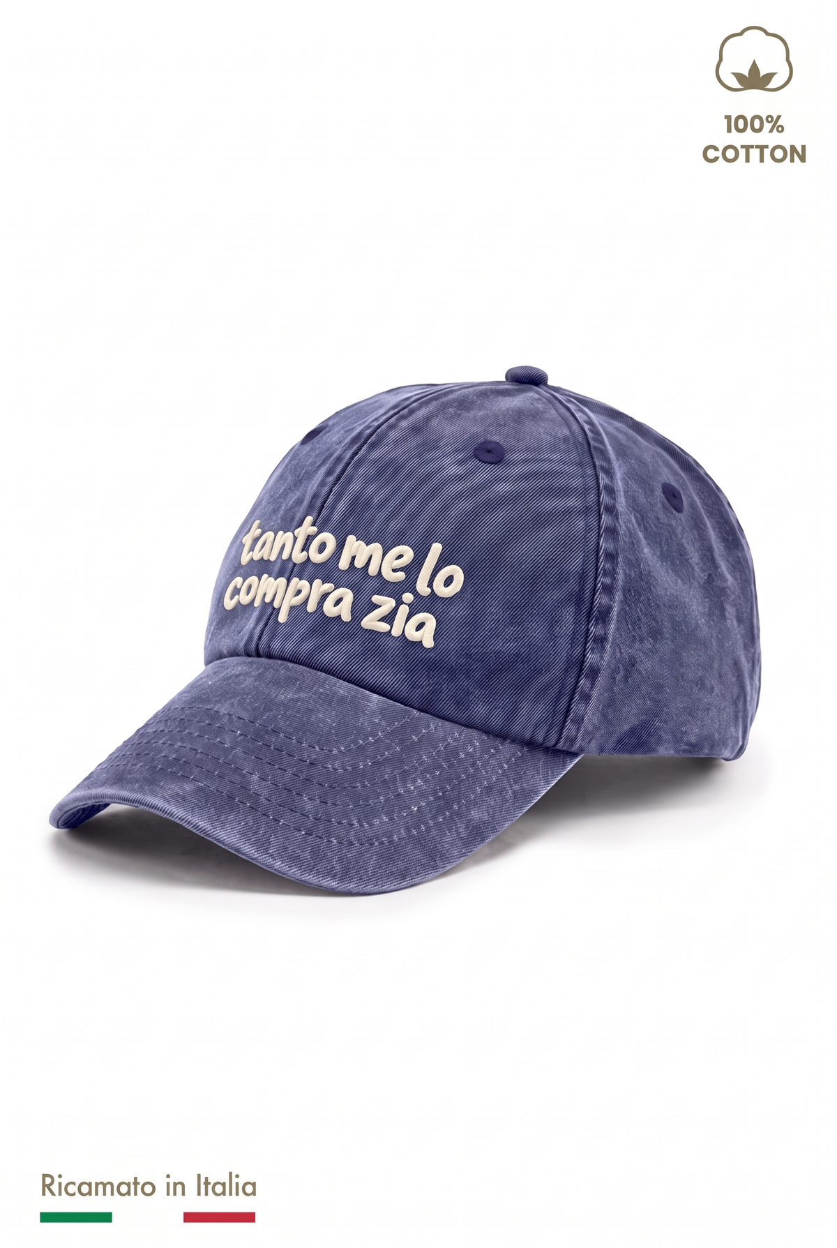 Cappellino vintage bambino blu navy con ricamo panna "Tanto me lo compra zia" - vista laterale