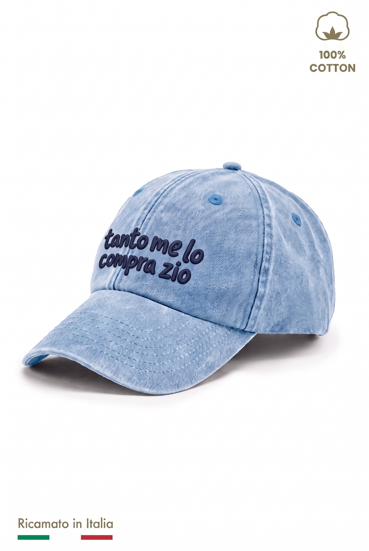 Cappellino vintage bambino azzurro denim con ricamo blu scuro "Tanto me lo compra zio" - vista laterale